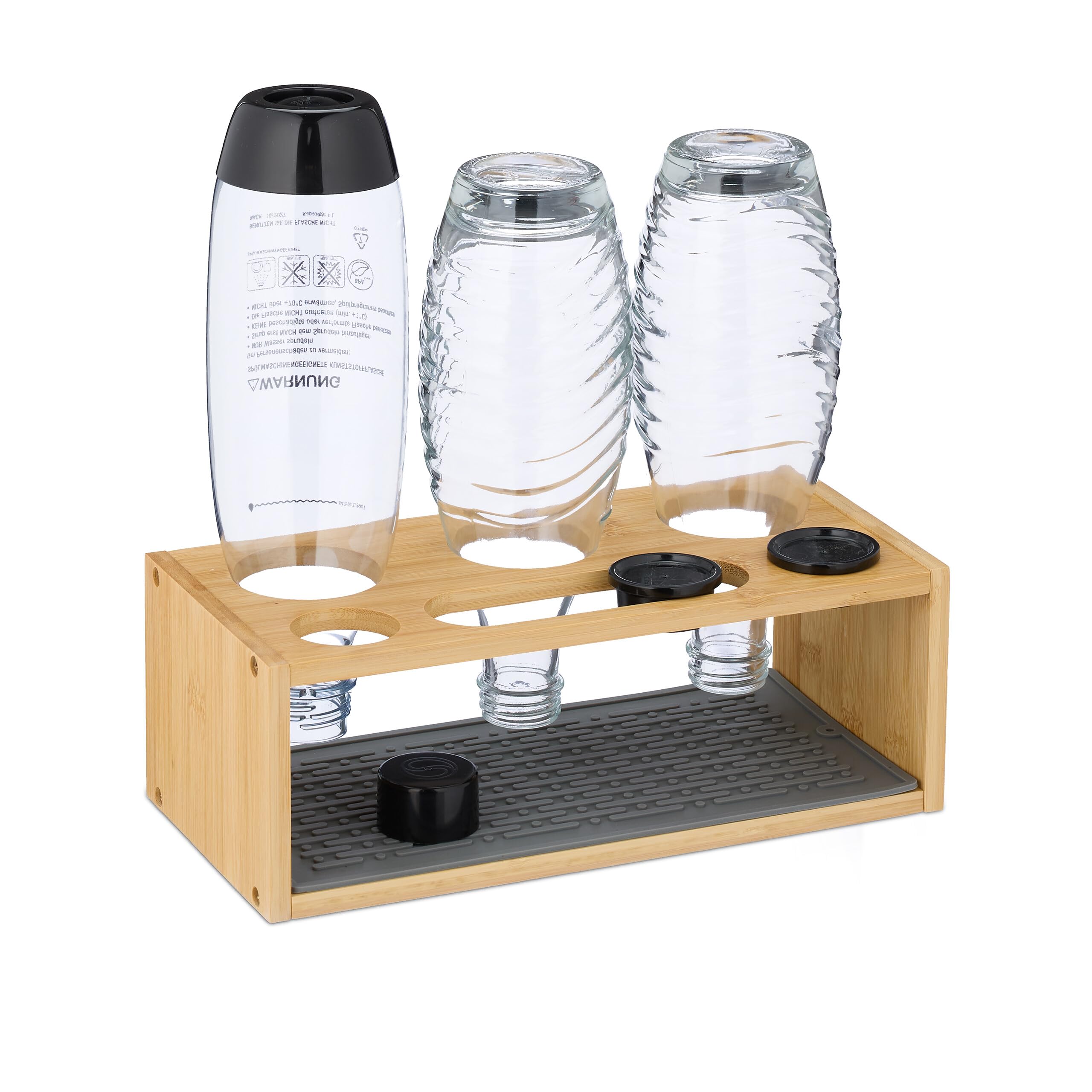 Relaxdays Droogrek, Compatibel Met Sodastream, Bamboe, Siliconen Mat, Voor 3 Flessen, Natuur/Grijs