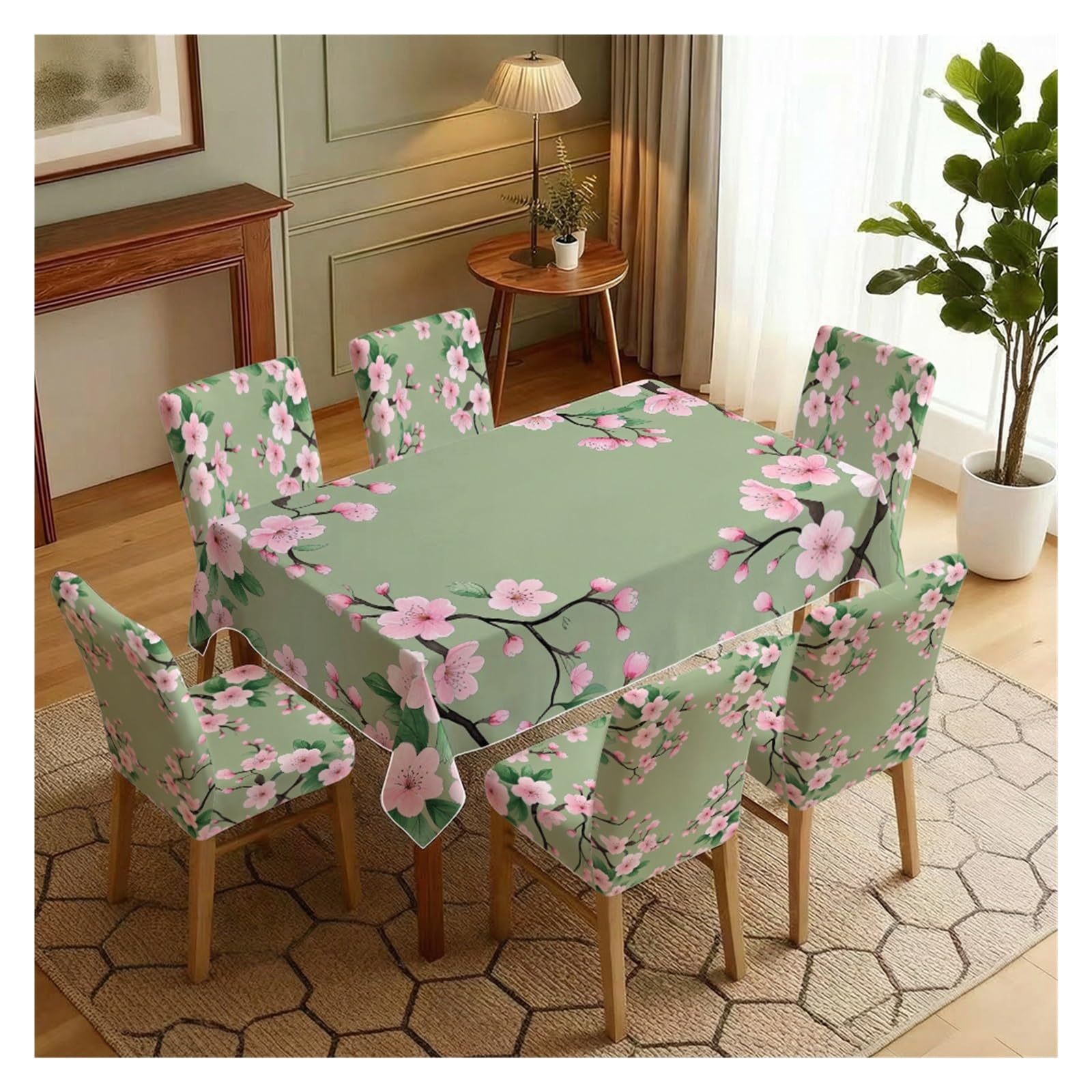 KXUAUV Cherry Blossom Floral Print Tablecloth & Chair Covers Set, Slipcovers For Dining Room, Kitchen, Spring & Casual Decor, 5/7 Pack Party Decor(7pcs Set: Tablecloth+Chair Covers)