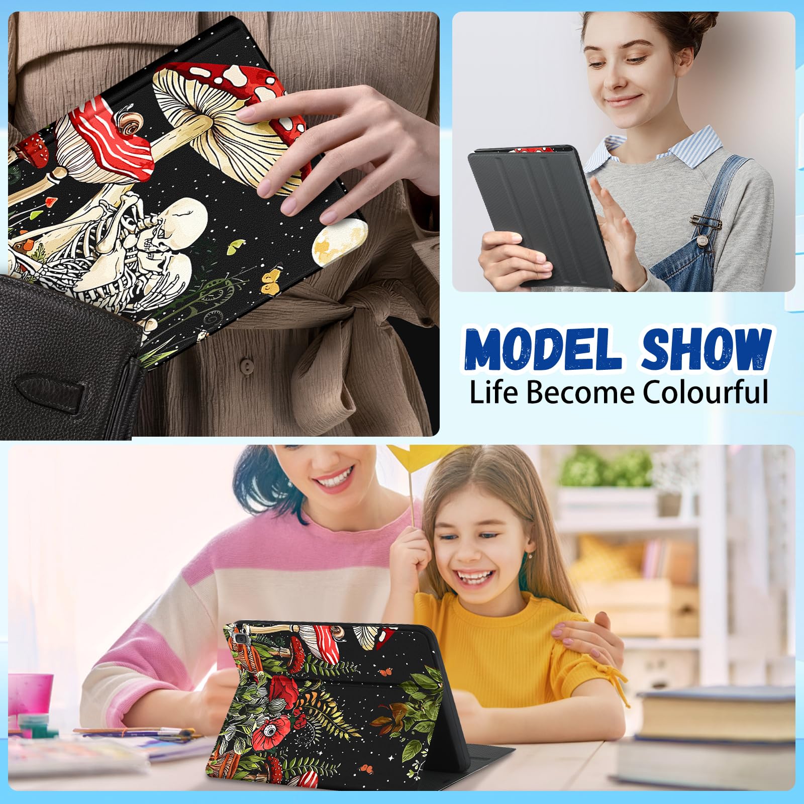 Wazzasoft Schutzhülle für Amazon Kindle Fire HD 10/10 Plus Tablet 13. / 11. Generation für Damen, Mädchen, Kinder, Jungen, Folio-Hülle, niedliches modisches Design, Gothic-Skelett-Totenkopf-Design