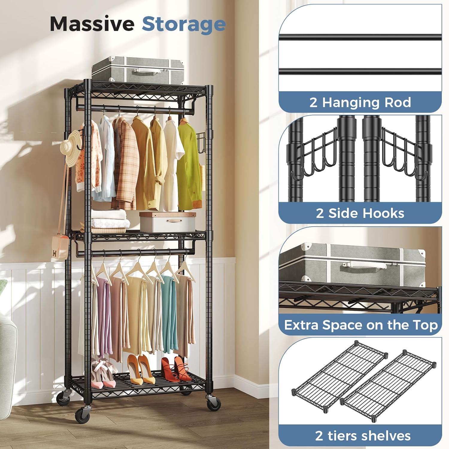 DUMOS Portable Closet, Rolling Clothes Rack, 29" x 15" x 75" Wardrobe Closet with Adjustable Shelves, Metal Garment Rack with Lockable Wheel, for Cloakroom, Bedroom Storage, Laundry Room, Black