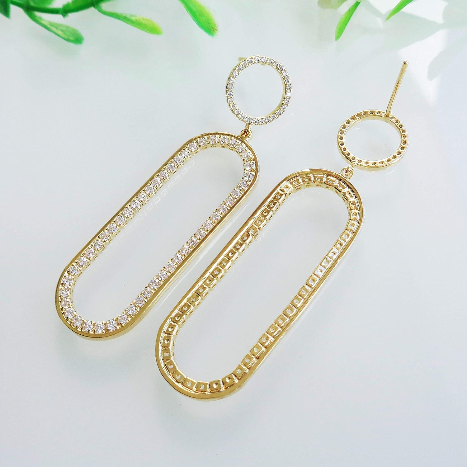 Navachi 18k Gold Plated Clear Crystal Circle Long Elliptical Drop Stud Earrings - Image 4