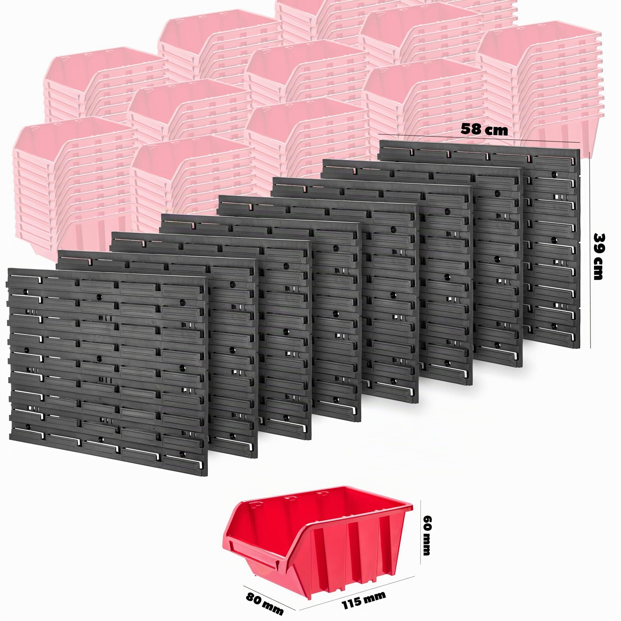 KADAX Lot de 162 Grande étagère murale à outils, système de stockage 232 x 78 cm, en plastique robuste, système modulaire résistant aux UV, plaques murales extensibles, étagère d'atelier (rouge