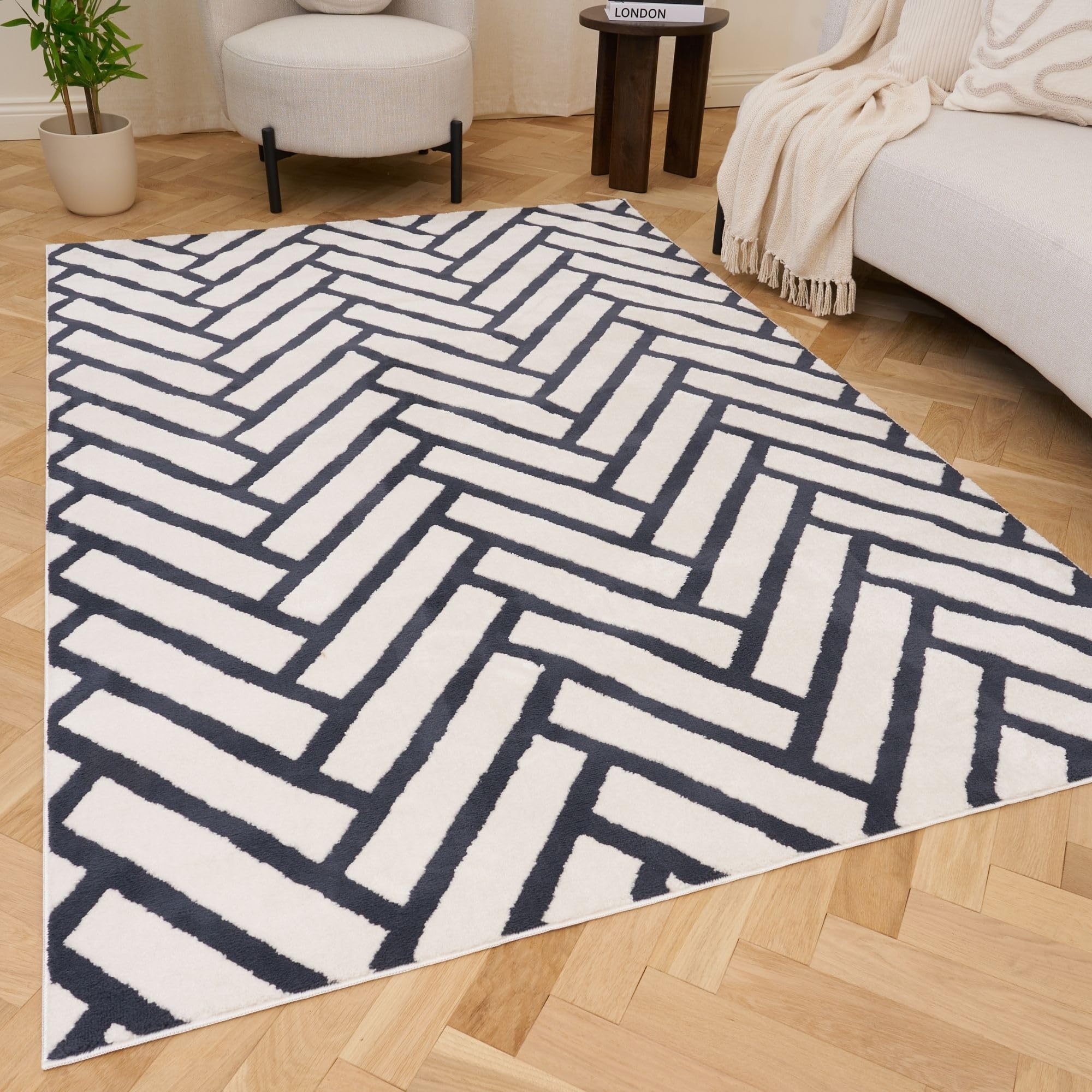THE RUGS Living Room Rug, Loft Collection – Modern Textured 14mm Soft Pile Area Carpet, Non-Shedding & Easy Care [ Chevron Blue, 80x150 cm]
