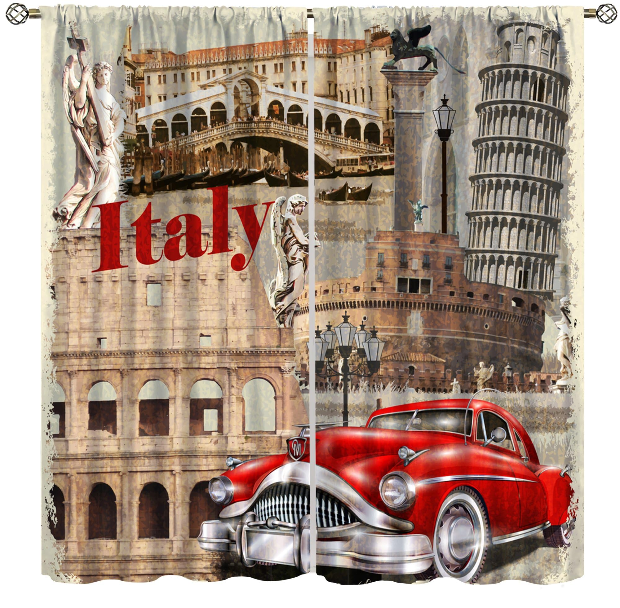 VUMIVI Italian Vintage Car Blackout Curtains Iconic Landmarks Retro Travel Posters Ourney Art Decor Rod Pocket Window Treatments for Kitchen Bedroom