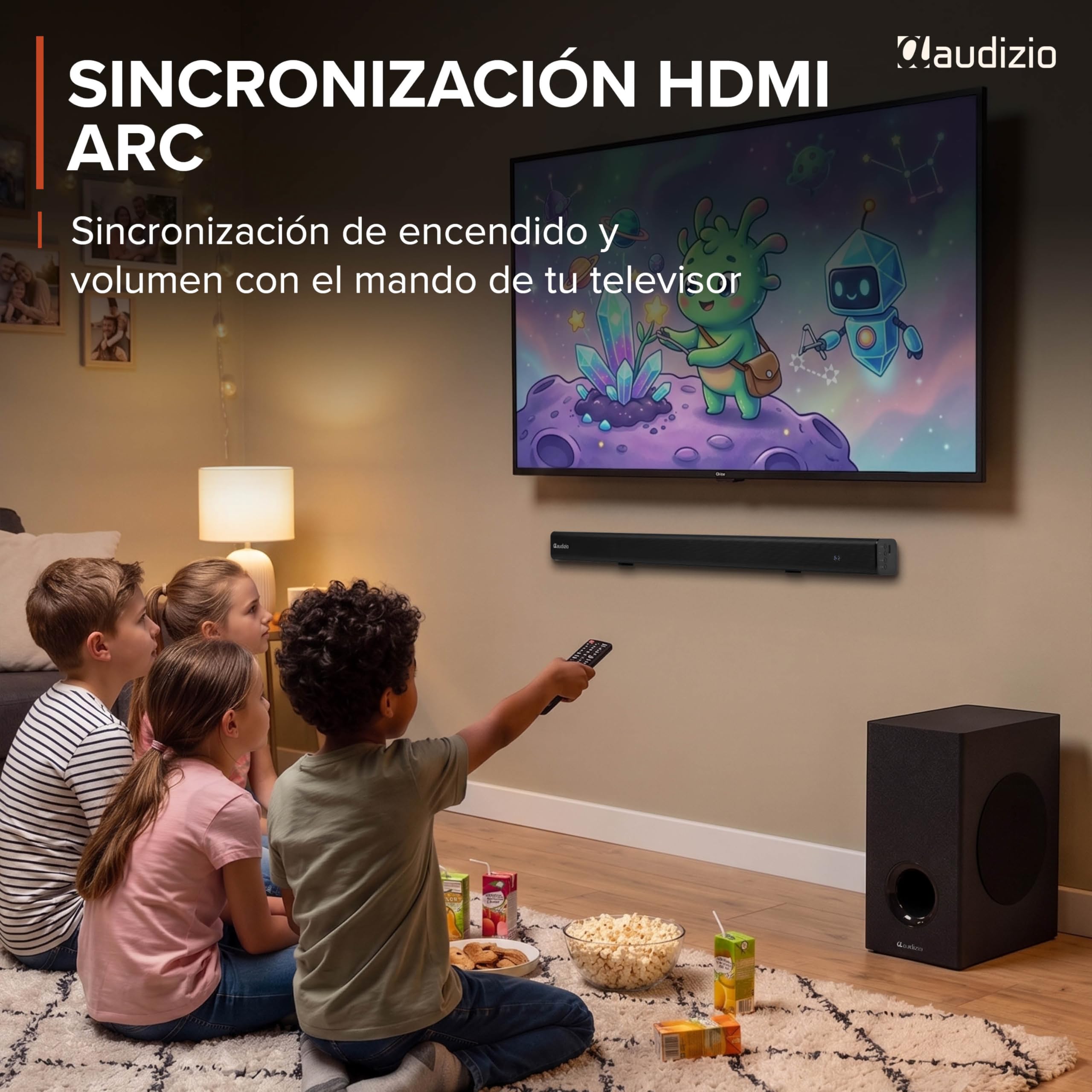 Audizio SB82S – Barra de Sonido 120W con subwoofer 5,25”, HDMI ARC, Bluetooth 5.3, USB y Entrada óptica, soundbar 80 cm para TV con Control Remoto y Montaje Pared, Color Negro
