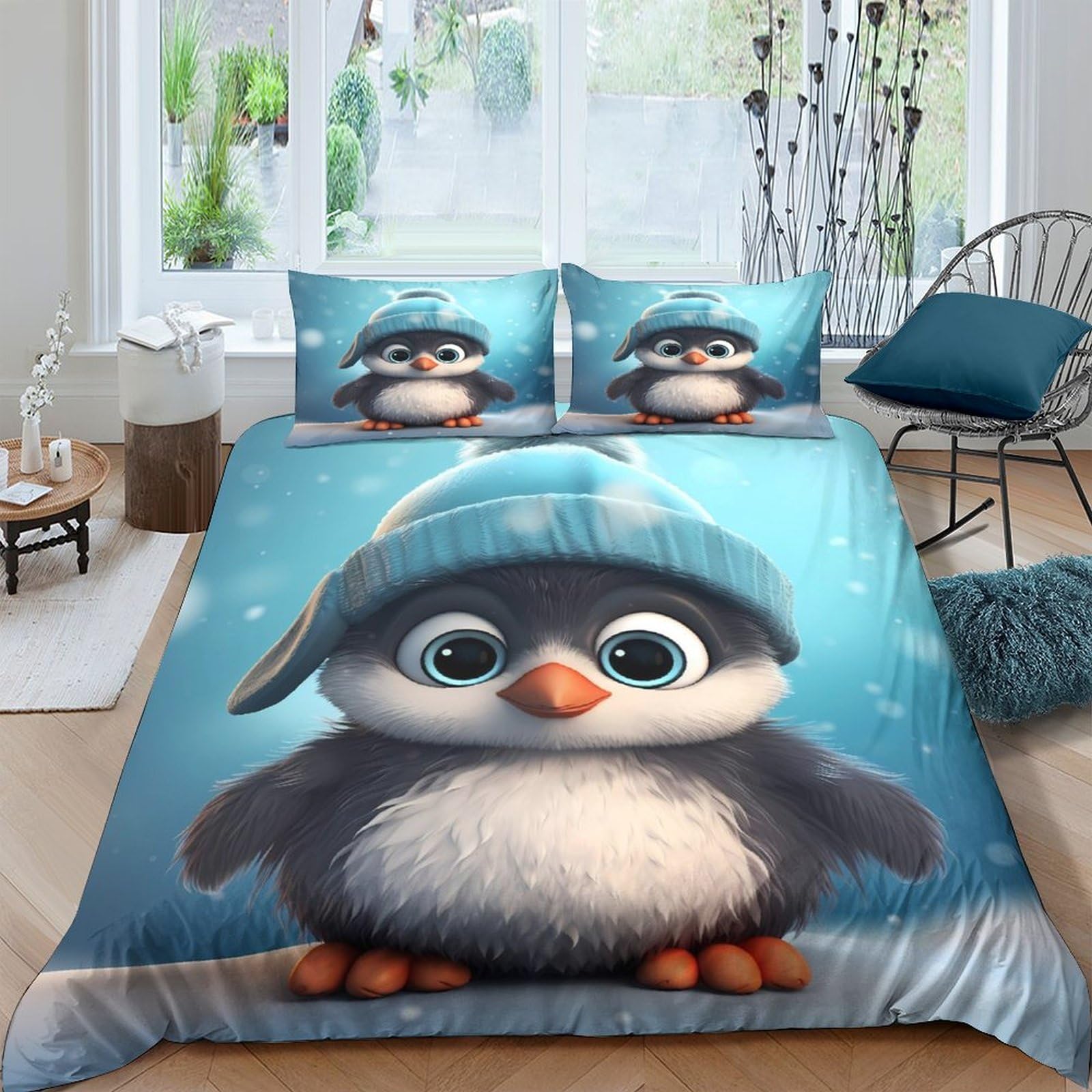 Ctjqhvkz Style-4 3D Printed Cute Penguin Fitted Sheet Microfiber Soft Blue Cartoon Animal Bed Cover For Bedroom Guest Room Dorm Decor Single（135X200cm）