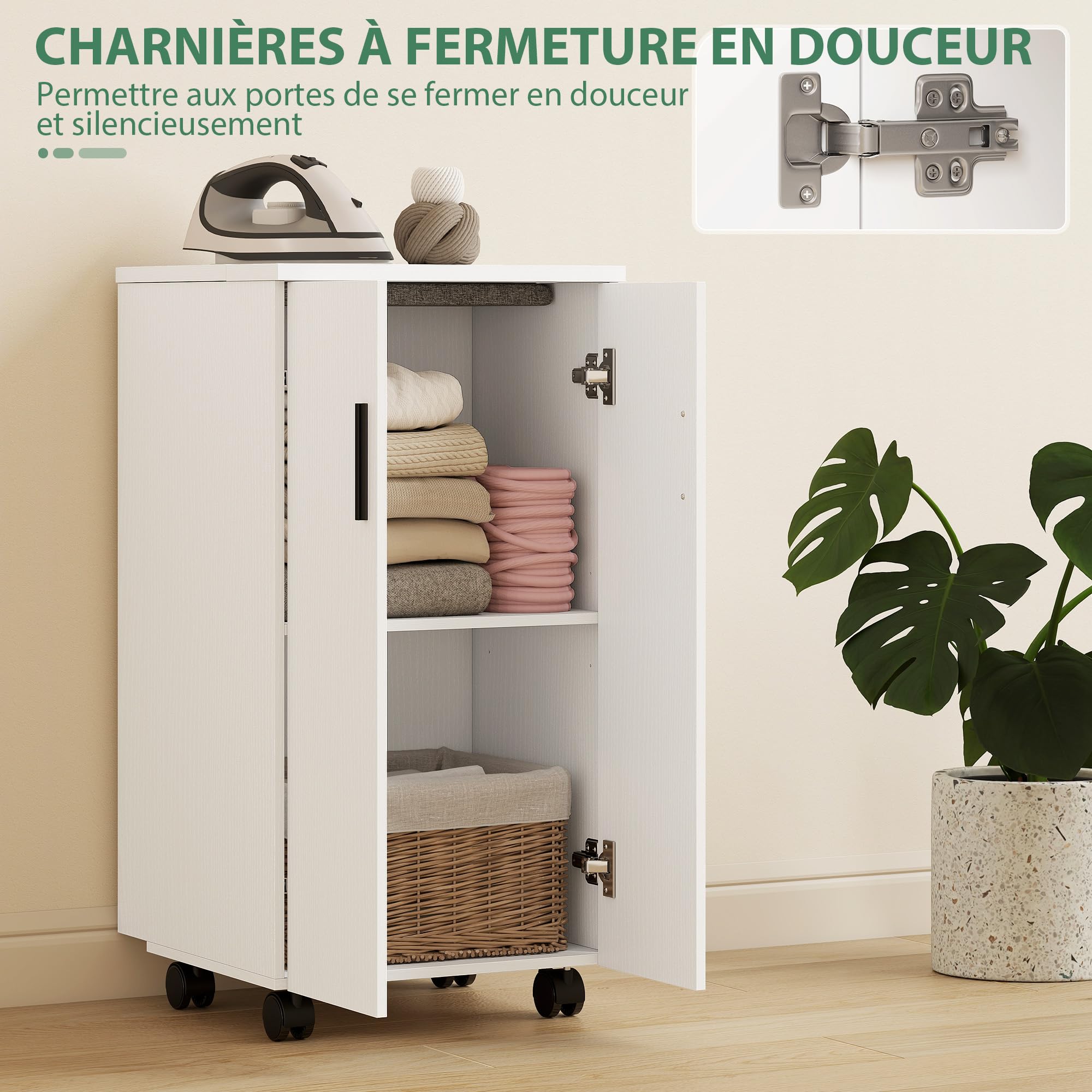 HOMCOM Meuble à Repasser 2 en 1, Table à Repasser Pliante sur roulettes avec étagère réglable et charnières à Fermeture Douce, Meuble Rangement pour Petits espaces, buanderie, 128 x 43 x 83 cm, Blanc