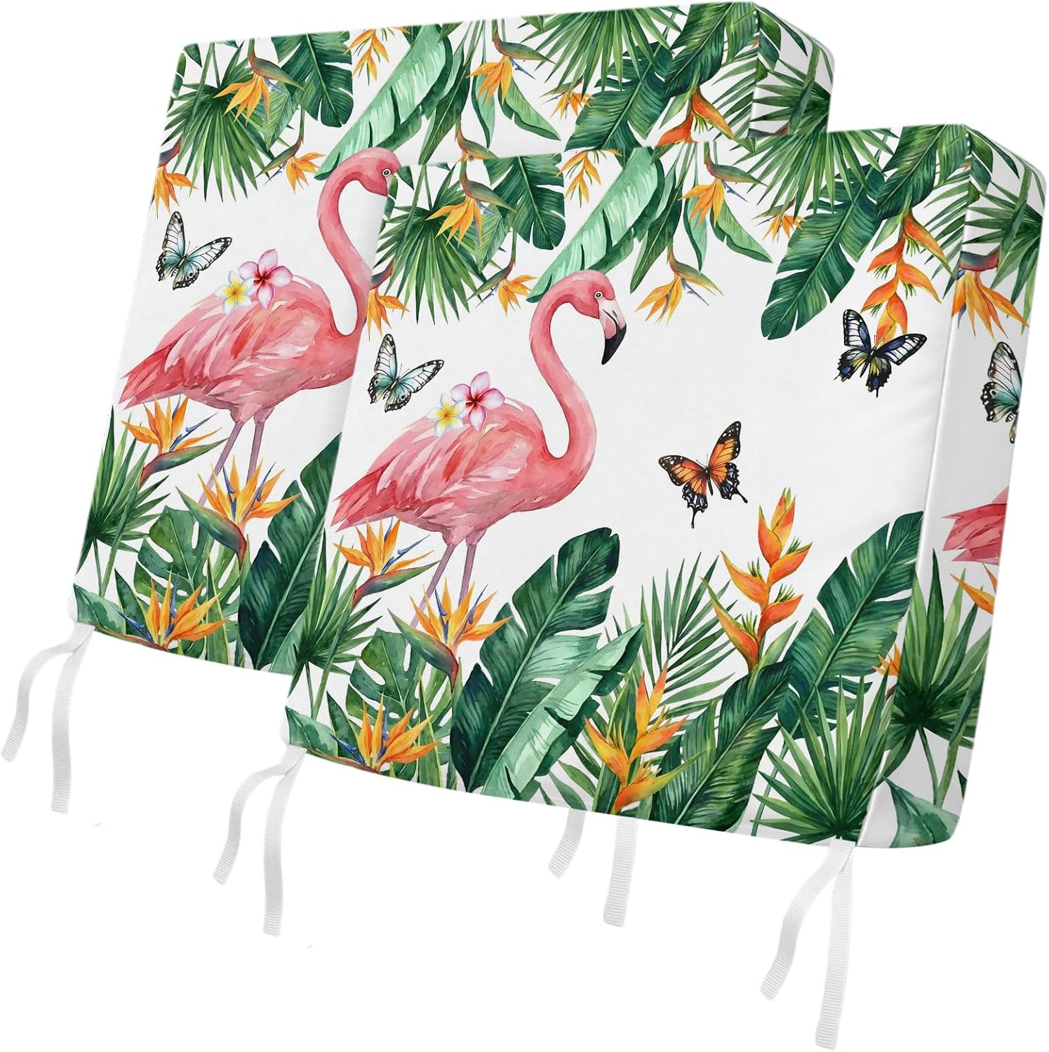 Outdoor Waterproof Cushion Covers Summer Flamingo Palm Leaves Replacement Seat Slipcover for Patio,Tropical Plants Butterfly Chair Couch Sofa Covers Furniture Protector Set of 2,22x20IN