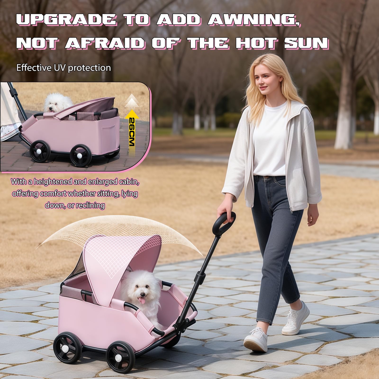Chariot pour chien pliable à 4 roues avec barre pivotante à 360 ° - Chariot pour chat avec visière - Mini poussette pour animaux de compagnie - Tissu Oxford 600D (rose)