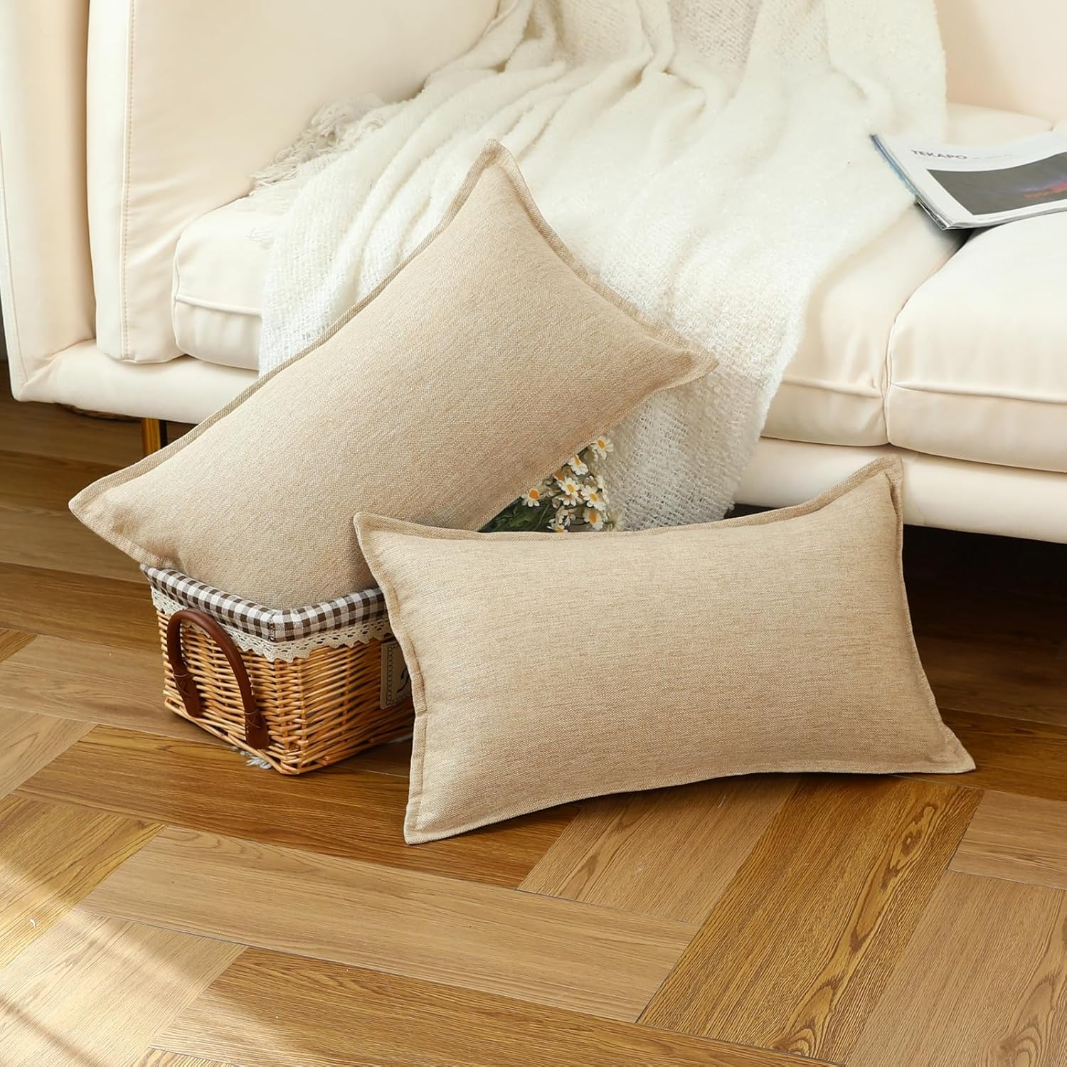 LIGICKY Set of 2 Neutral Linen Lumbar Pillow Covers 12x20 Inch Light Tan Decorative Rectangle Throw Pillow Covers for Living Room Couch Bed Sofa Rustic Farmhouse Boho Home Decor - Image 4