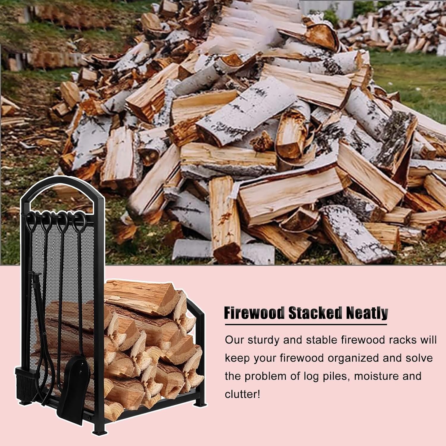 Heavy Duty Firewood Holder Kit with Tools - Indoor/Outdoor Fireplace Log Rack, Durable Wood Stacking Solution for Living Room, Patio, Deck, and Yard