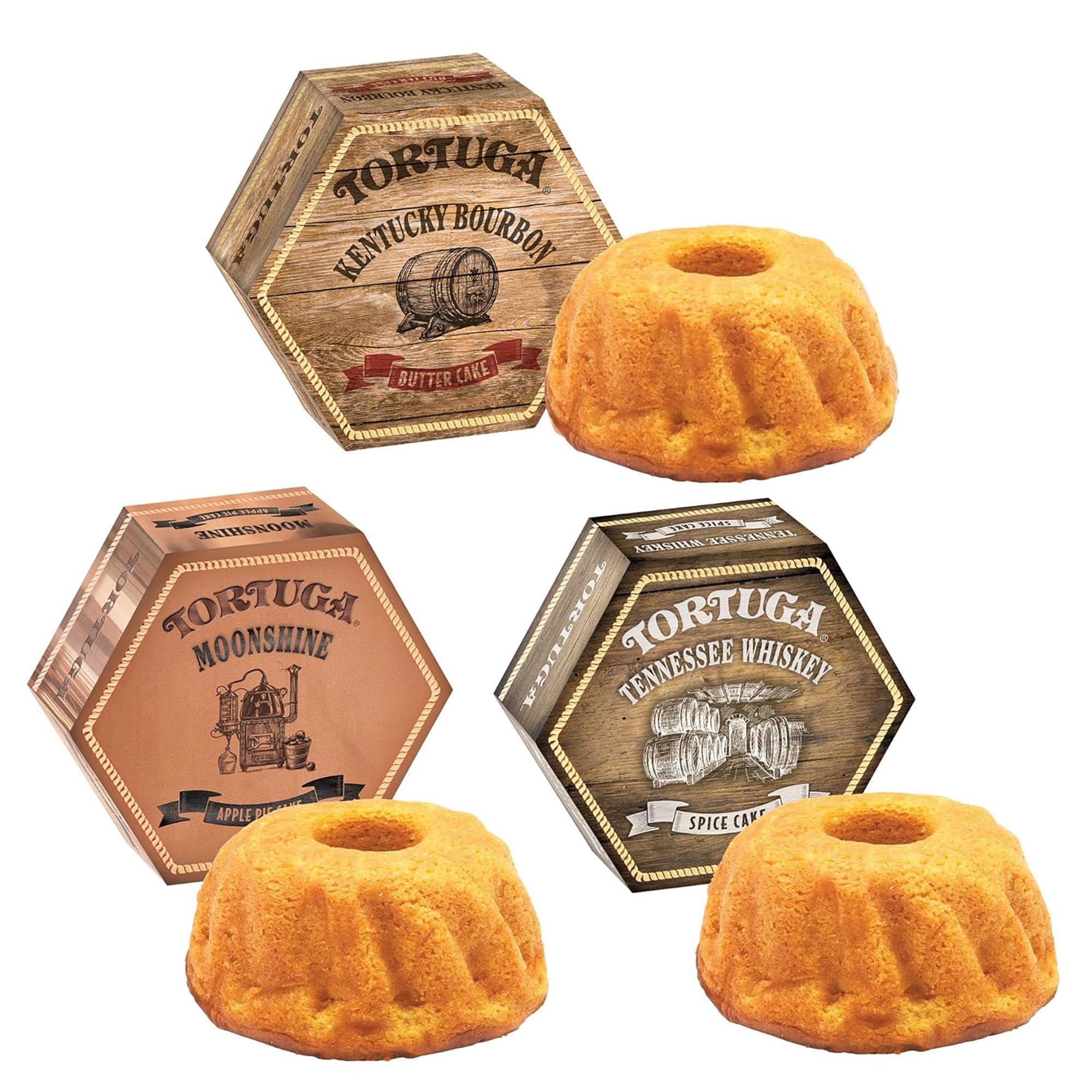 TORTUGASouthern Trio Gift Pack - Tennessee Whiskey, Kentucky Bourbon, & Moonshine Apple Pie - 3-4 oz Mini Cakes - The Perfect Premium Gourmet Gift for Gift Baskets, and Birthday Cakes for Delivery