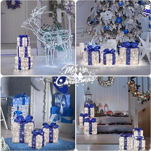 Miniatura 7 de Decoraciones de Navidad Azules, Cajas de Regalo Iluminadas de Navidad 140 LEDs Regalos Luminosos Decoración Navideña, 8 Modos y Función de Azul -