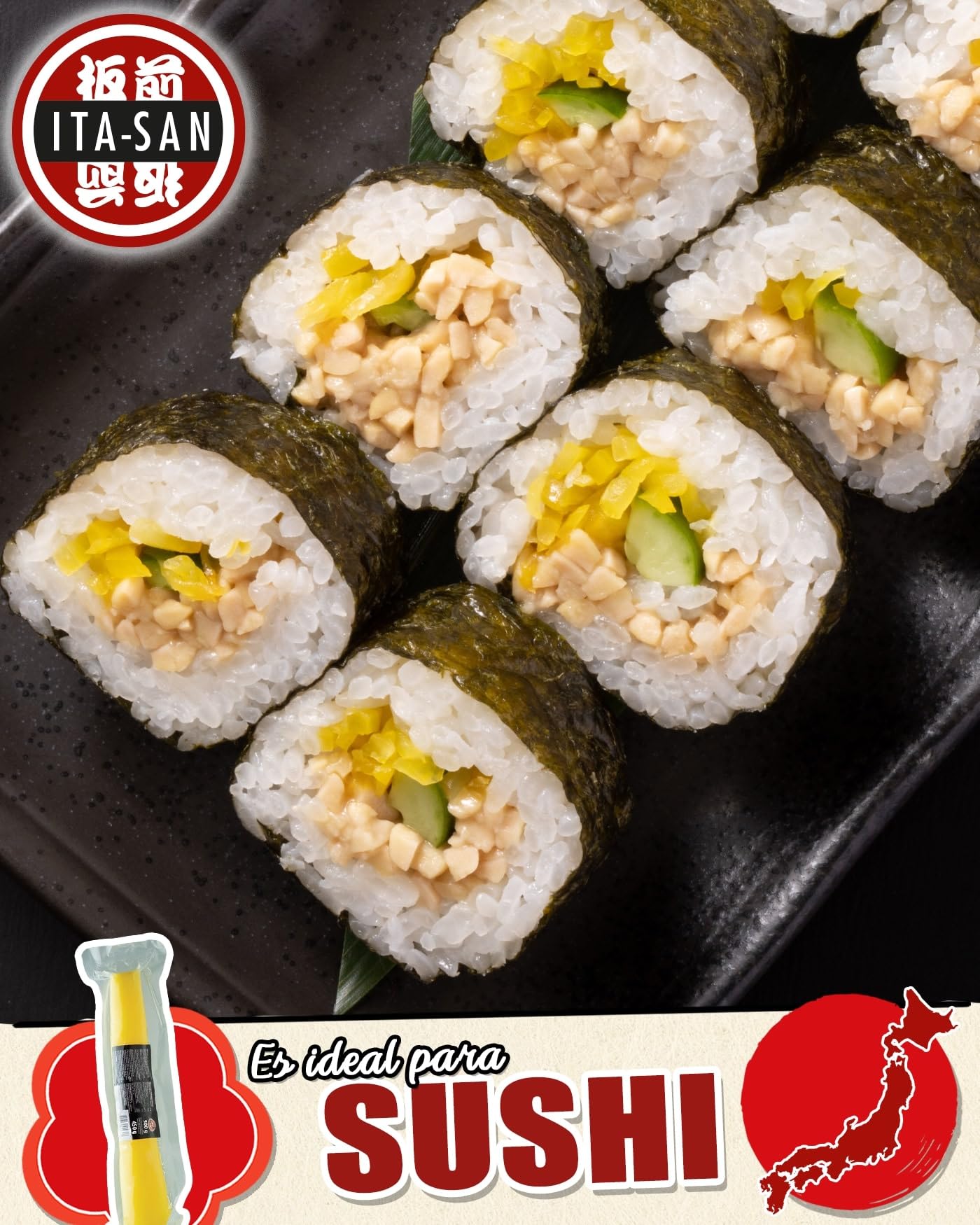 ITA-SAN Rábano Takuan, encurtido, entero, agridulce, para la preparación de sushi y otros platos asiáticos, 1 x 500 g