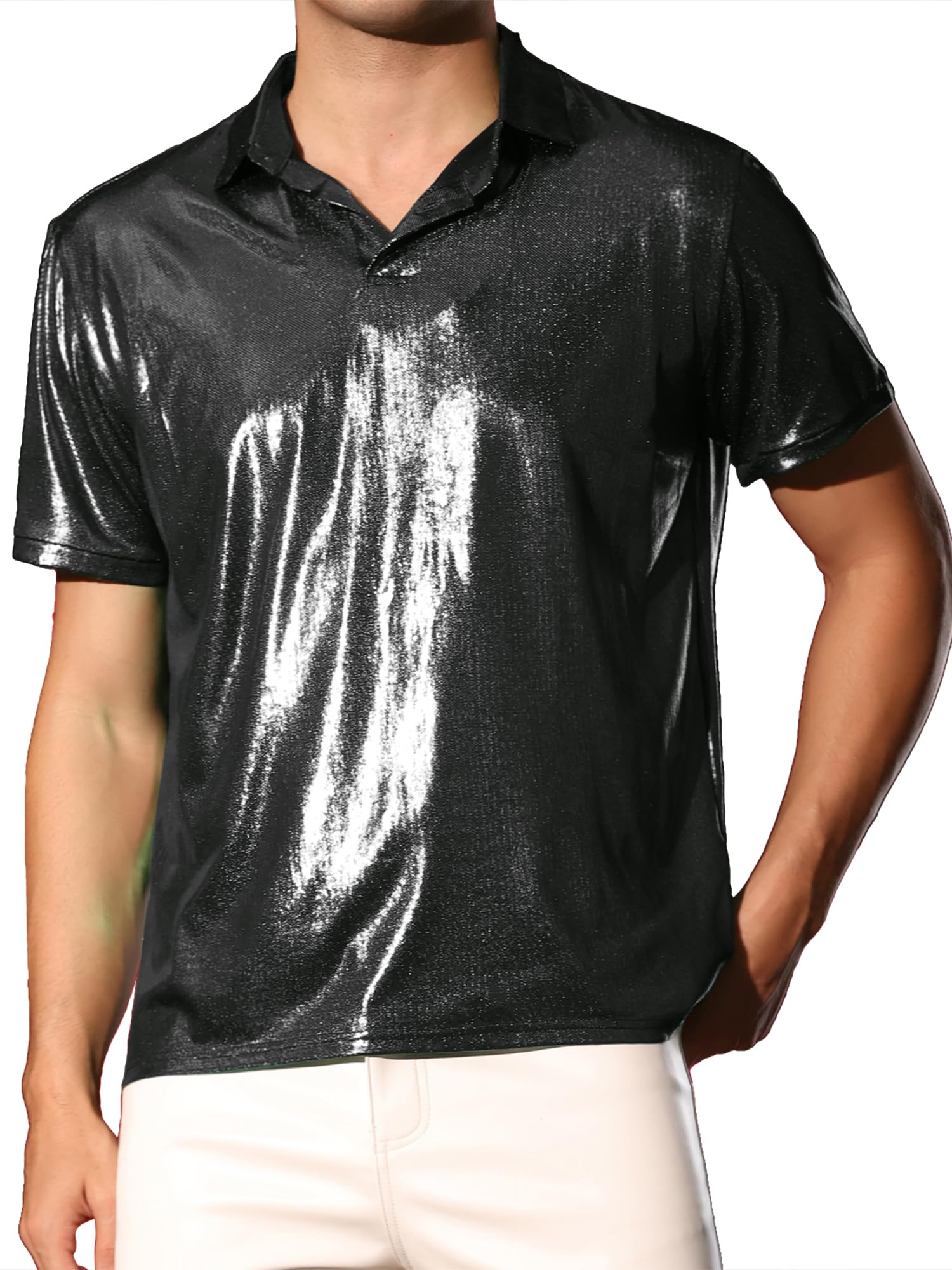 Lars Amadeus Holographic Polo Shirt for Men's Short Sleeves Shiny Disco Nightclub Metallic Golf Shirt