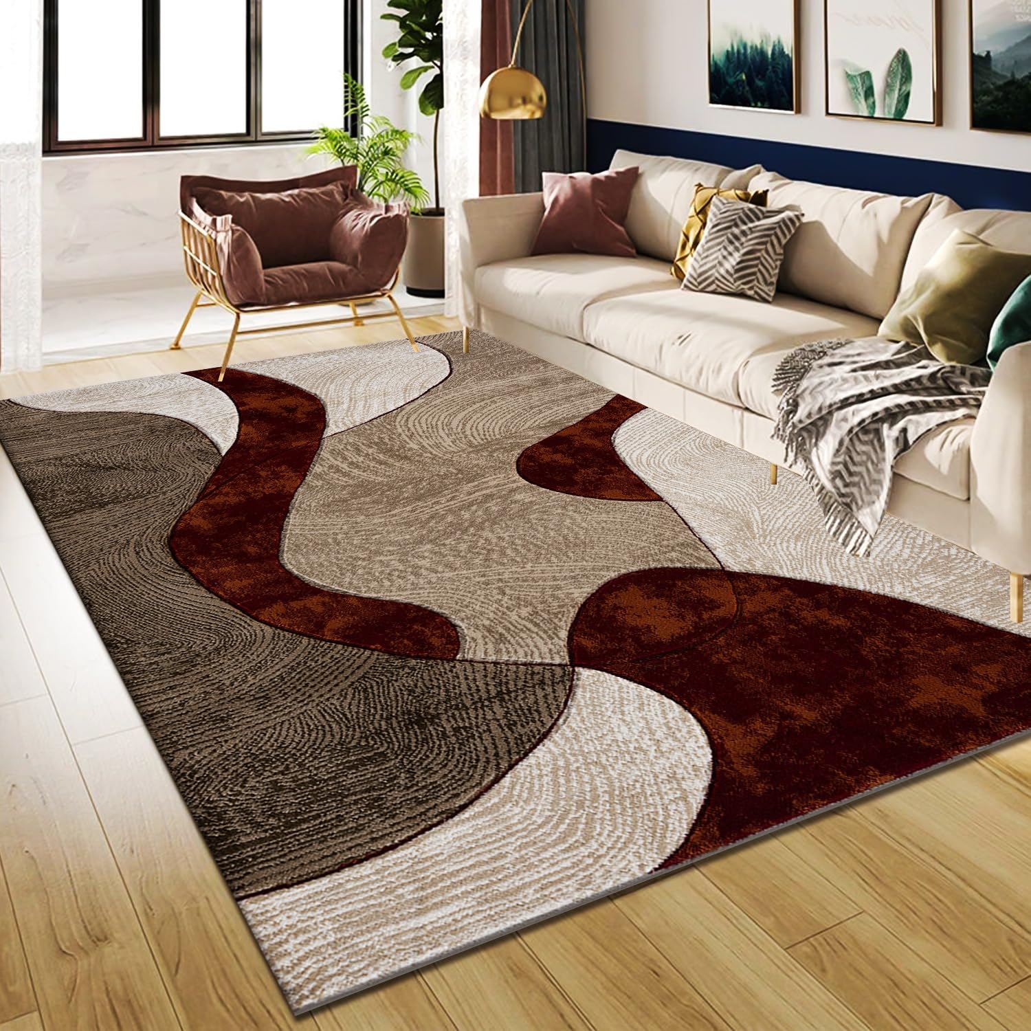 B&B Velvet Curve Area Rugs for Indoor - Luxury Super Soft Cozy Dense Thick Pile Shaggy Rug for Bedroom Living Room Kitchen Hall Entrance Carpet Mat (160 x 230 cm, Rust)