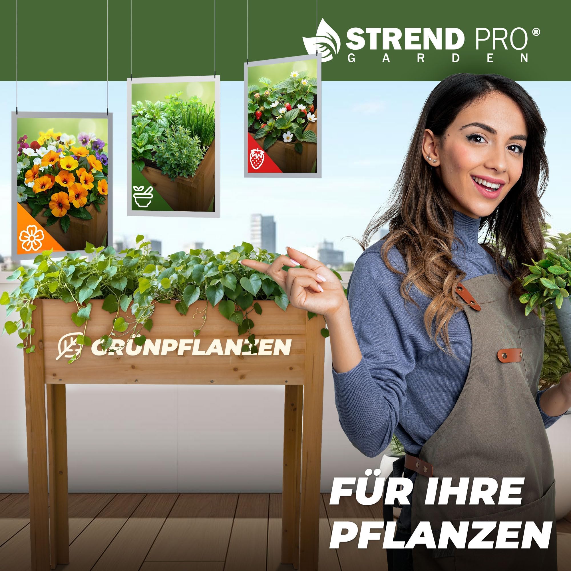 STREND PRO Hochbeet Balkon | 98cm(h) x 40cm(b) x 84(l) | Gemüsebeet Holz mit wasserdichter Pflanzfolie | Kleines Hochbeet Schmales ideal für Balkon, Terrasse & Garten | Kräuterbeet Klein