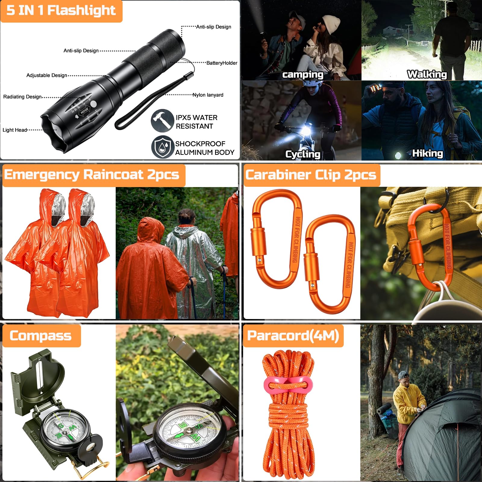 6 in 1 Outdoor Axt Survival Set,Survival Ausrüstung,Survival Messer & Outdoor Werkzeuge Set,
