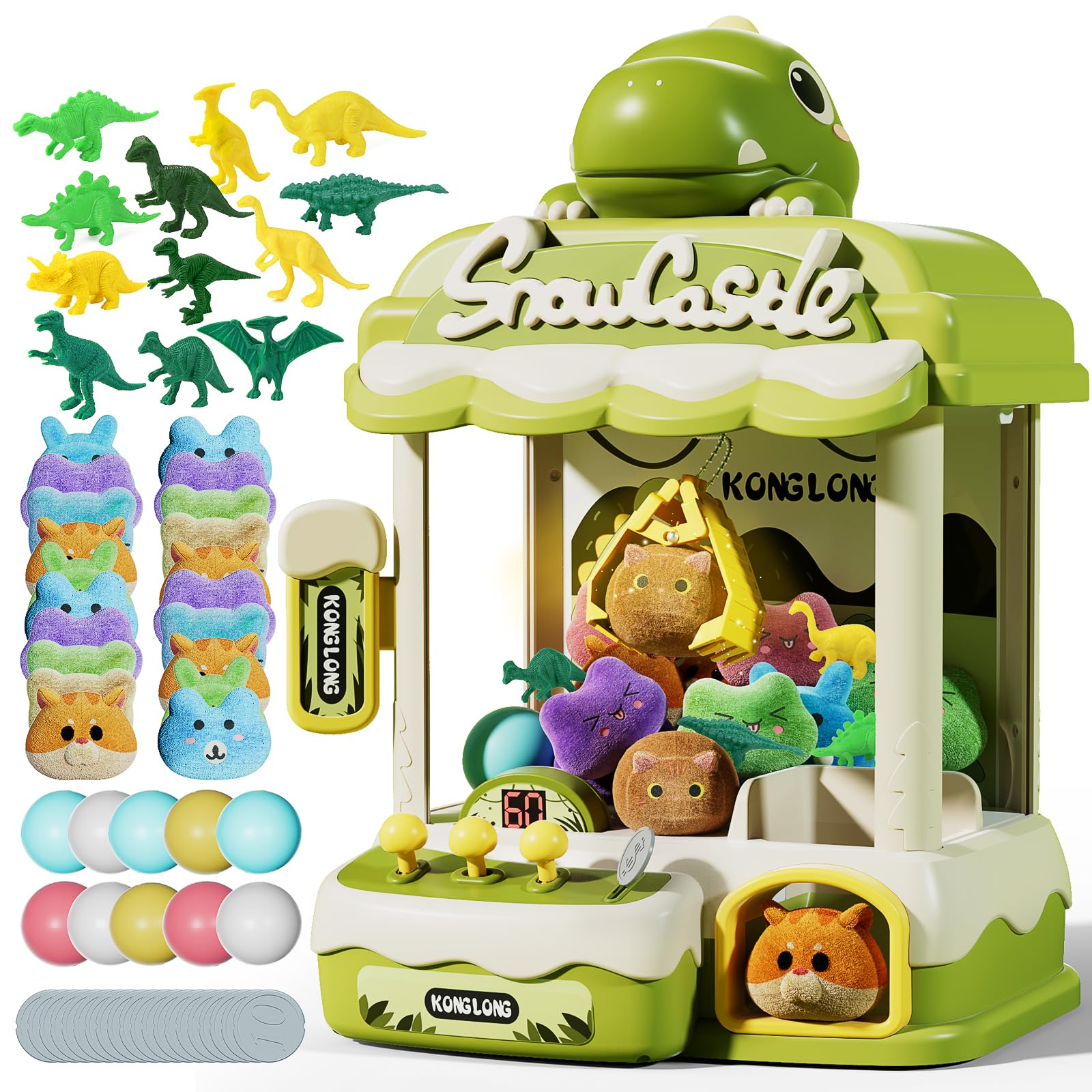 Dinosaur Claw Machine for Kids,Electronic Arcade Game Machine with Music,Kids Vending Machine Boys Birthday Gifts Toys Age 3+ Years,Includes 20 Plush & 12 Dinosaur Accessories(Middle)