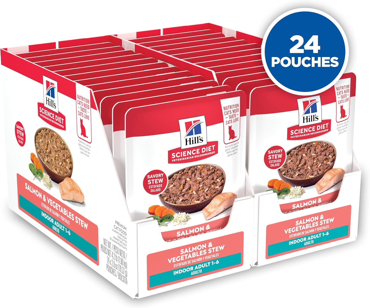 Hill's Science Diet Adult 1-6 Indoor Wet Cat Food, Salmon & Vegetables Stew, 2.8 oz. Pouches, 24-Pack