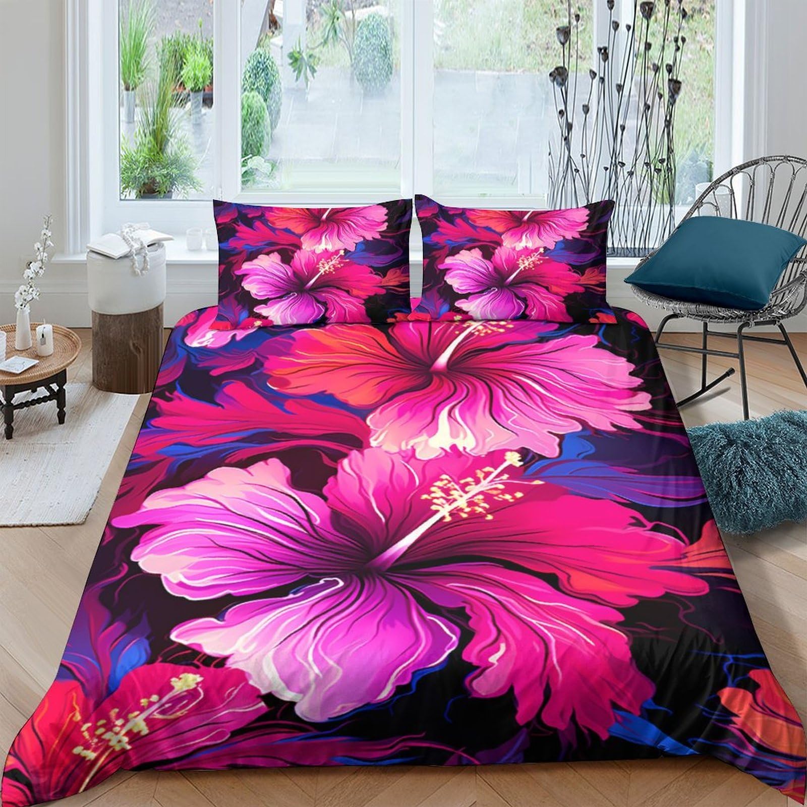 Ctjqhvkz Style-10 3D Printed Hibiscus Floral Fitted Sheet Microfiber Pink Purple Tropical Bed Cover For Bedroom Guest Room Decor Single（135X200cm）