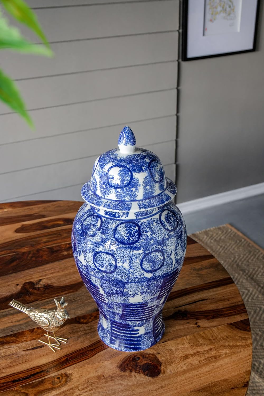 A&B Home 20" Tall Blue and White Porcelain Ginger Jar with Abstract Motif, Traditional Home Decor Accent Jar