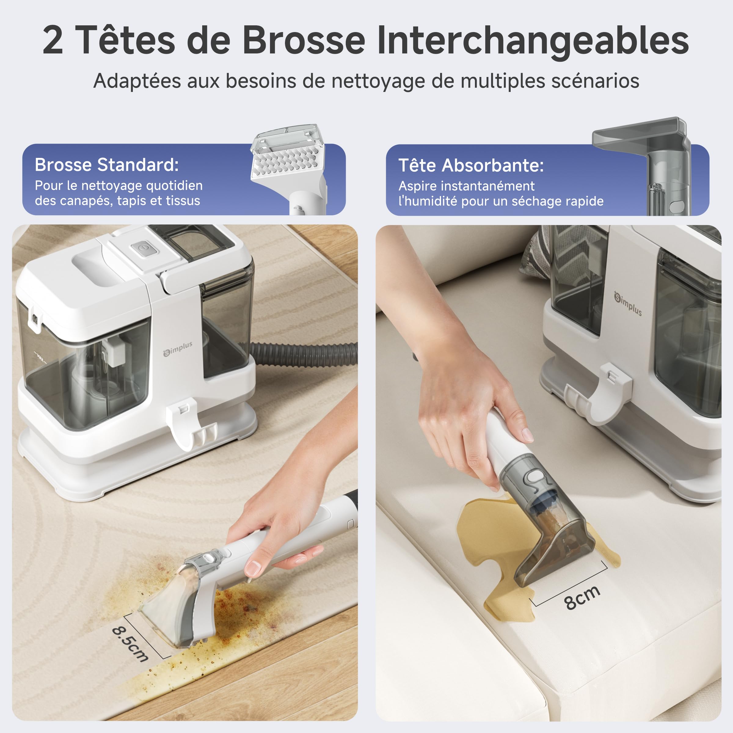 SIMPLUS Shampouineuse Canapé avec Fonction Autonettoyante, Nettoyeur Tissus Puissant 15000Pa, Idéal pour Poils d’Animaux, Nettoyeur Tapis/Matelas/Voiture/Moquettes, Réservoir Double