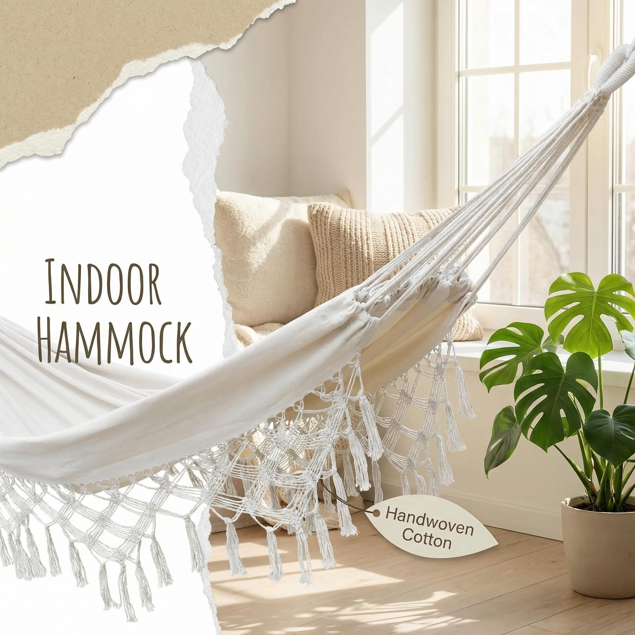 Hamaca Doble para el hogar, Interior y Exterior, hamac Boho, Hamaca macramé, hamacs Grande de algodón Suave, Cama para Dos Personas, Patio, Patio, Porche, césped y jardín (Blanco)