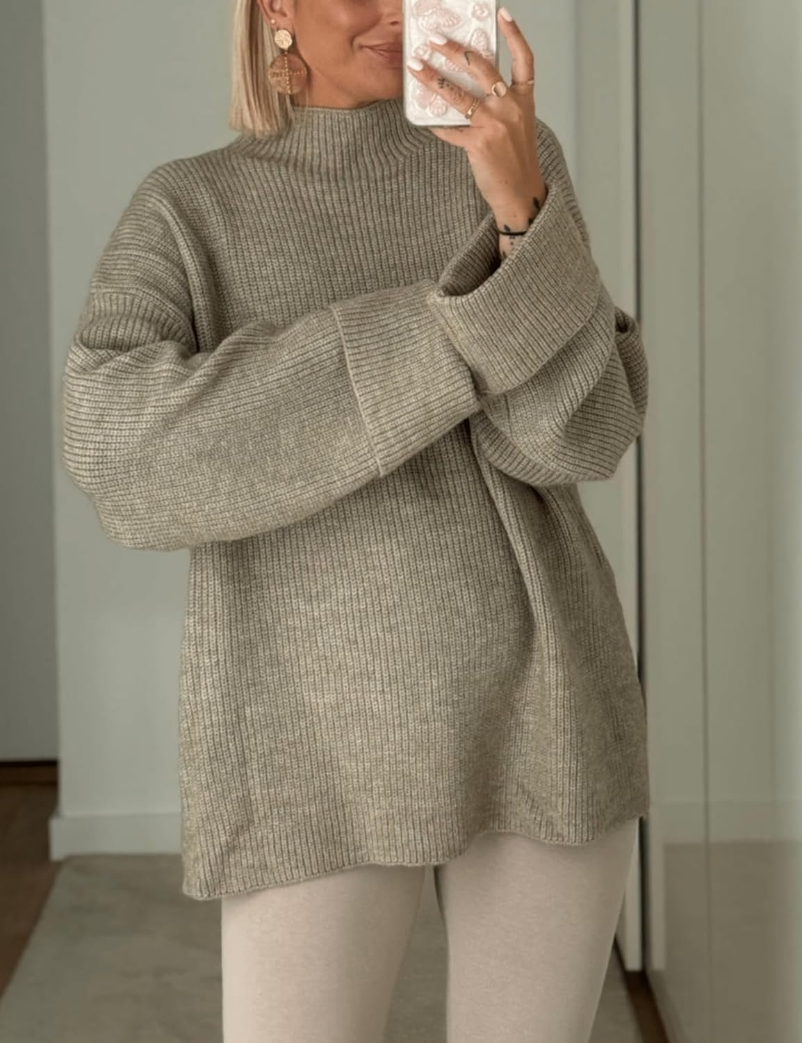 Oversized Womens Knit Sweater Cozy Ribbed Turtleneck Pullover with Side Slits - Image 3