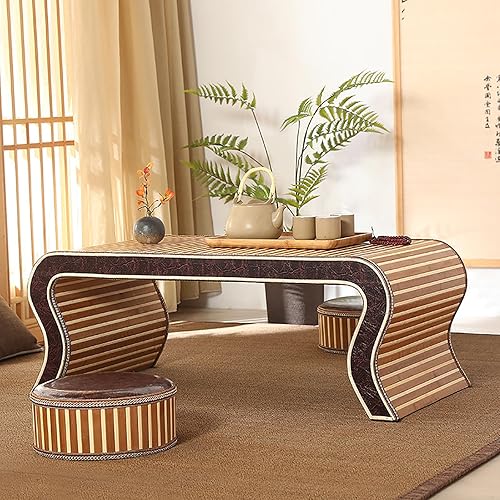 Miniatura 2 de HM&DX Mesa de centro de madera, mesa de piso japonesa, mesa de té de tatami, mesa de centro tejida de ratán, mesa de altar baja para meditación,