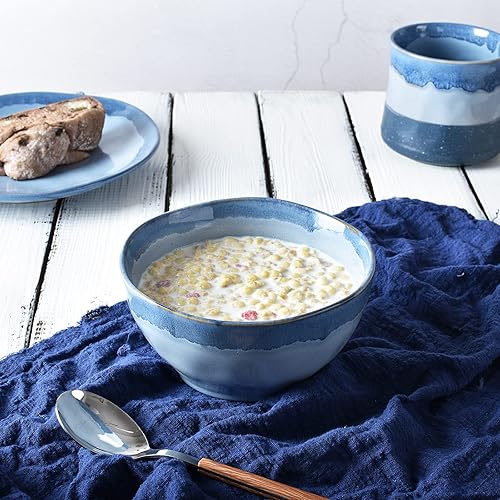 Miniatura 4 de Bosmarlin Juego de vajilla de cerámica, servicio para 4, 12 piezas, apto para microondas y lavavajillas, esmalte reactivo (azul verde)