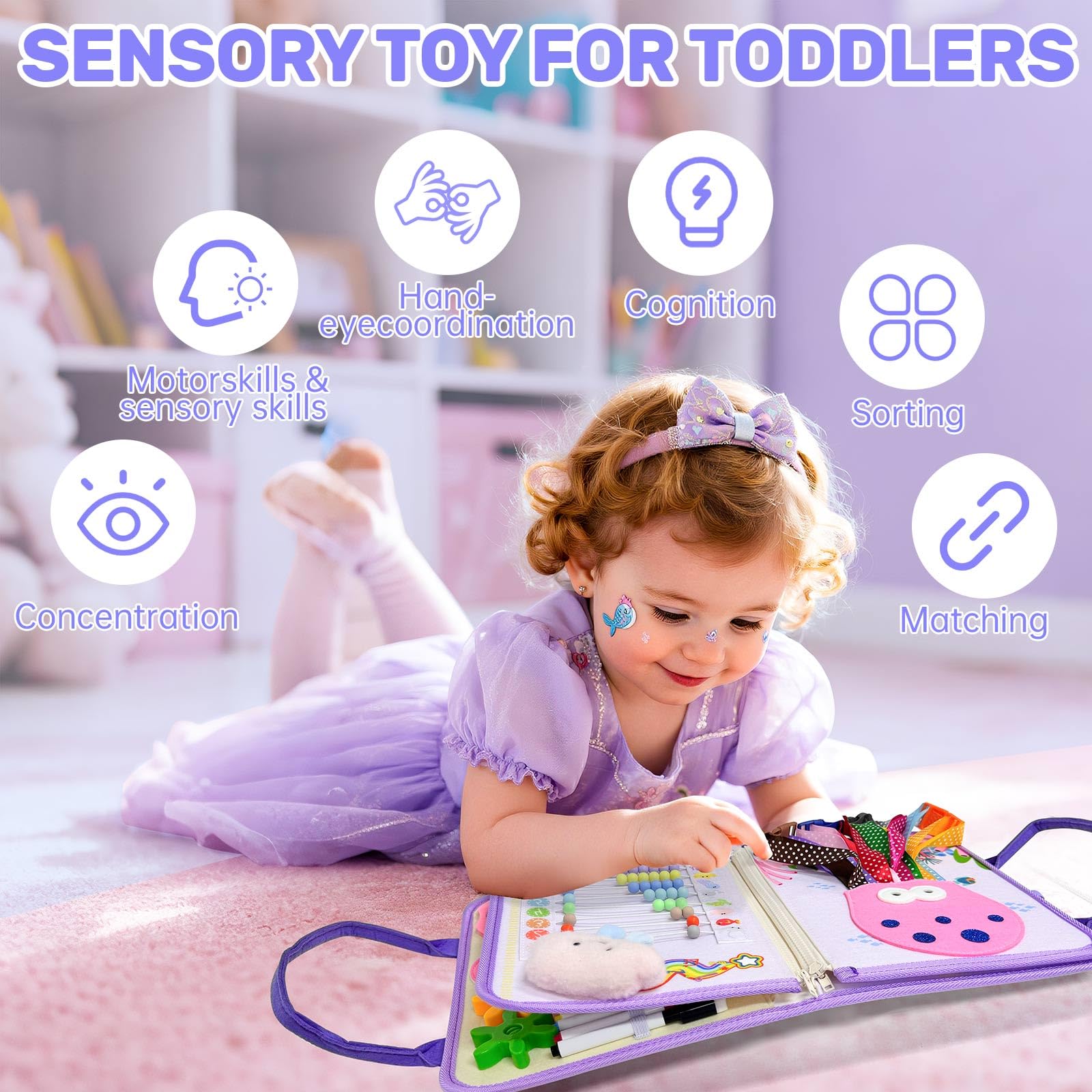 Sumtoco Busy Board, Montessori 2 Anni, Giochi Bambini 2 Anni, Libro Montessori Interattivo, Pannello Sensoriale Bambina, Giochi da Viaggio, Libri Sensoriali, Regalo Bambina 3 Anni, Libri per Bambini