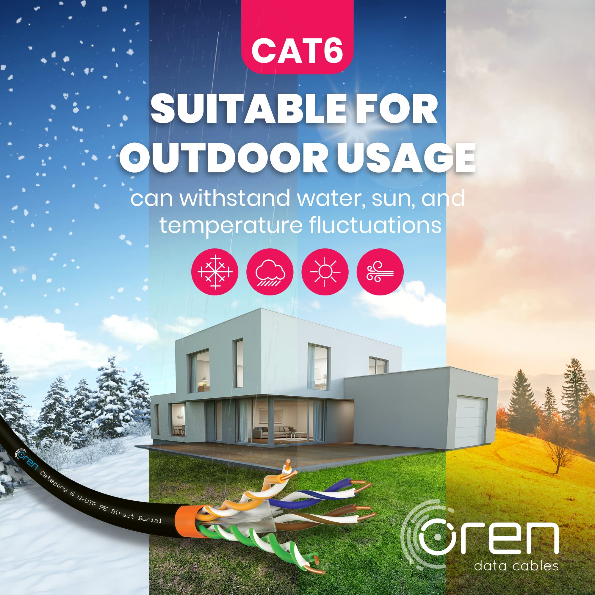 Oren CAT6 Ethernet Kabel 100m für den Außenbereich – Direkte Erdverlegung – 23 AWG Reiner Kupferdraht – 400 MHz Bandbreite UTP, Internet, LAN, Netzwerkkabel – halogenfrei, nicht korrosiv – Gigabit