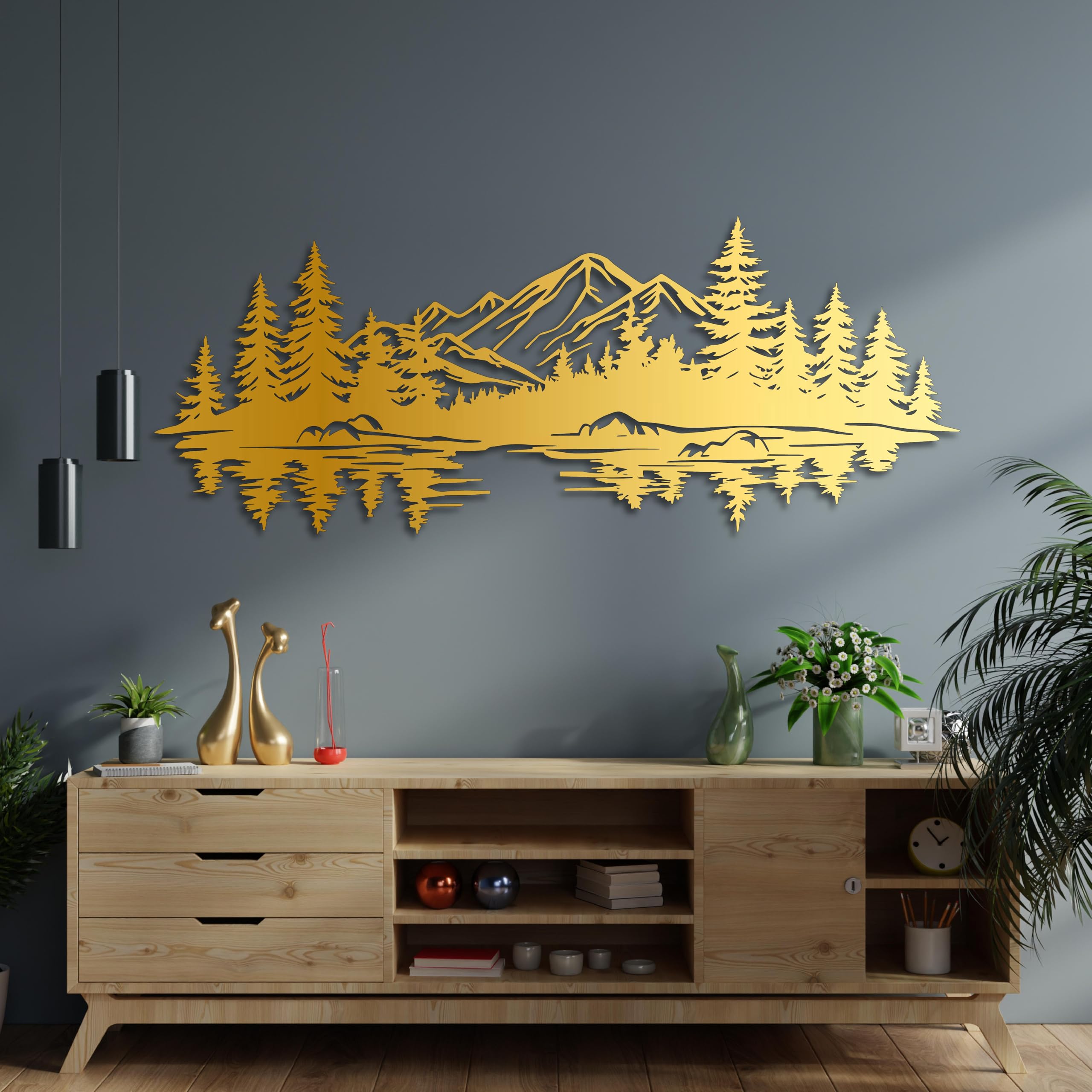 KAWA METALWORKS Wanddekoration aus Metall mit Berg und See, Waldlandschaft, Wanddekoration für Wohnzimmer oder Schlafzimmer, Kabinenwanddekoration, Bauernhaus-Wanddekoration, Einweihungsgeschenk