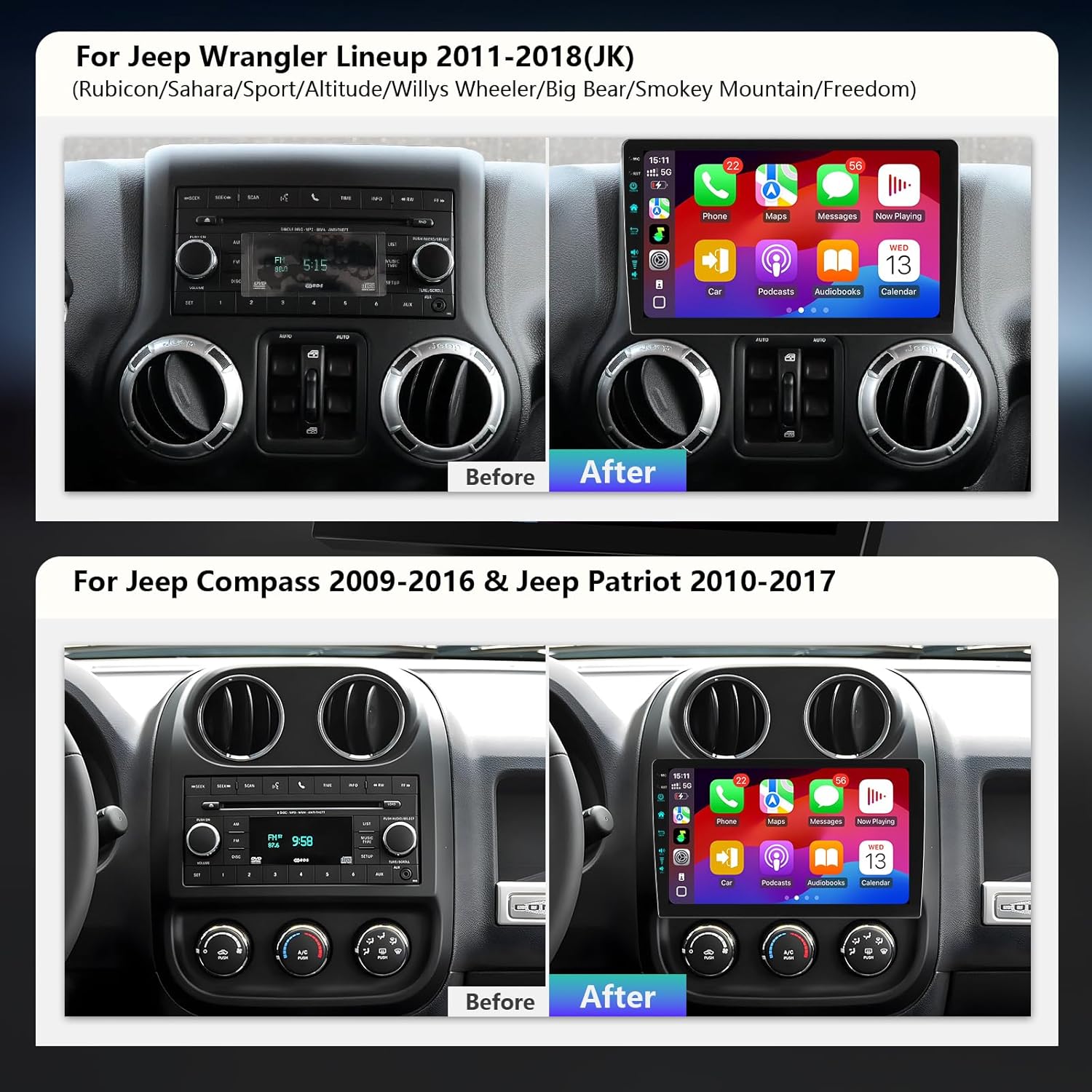 10.2 Inch Car Radio Stereo Upgrade Android 13 for Jeep Wrangler JK 2007-2018 with CarPlay Android Auto 1080P Backup Camera/BT5.4 ((4Ram 64Rom) 10.2)