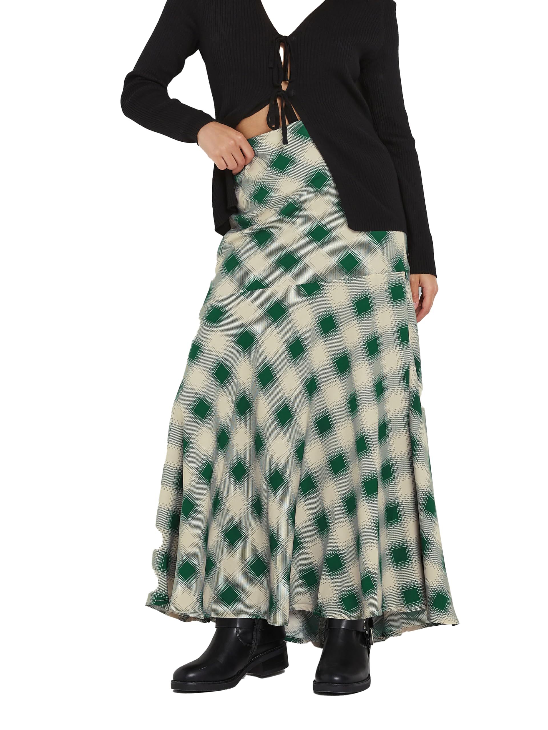 PixieGirl Petite Dark Green Blurred Check Maxi Skirt Petite