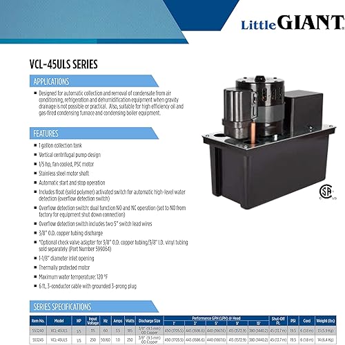 Miniatura 9 de Little Giant VCL-45ULS 115 Volt, 1/5 HP, 450 GPH, Automatic Condensate Removal Pump with 1-Gallon Tank and Safety Switch, 6-Ft. Cord, Black, 553240