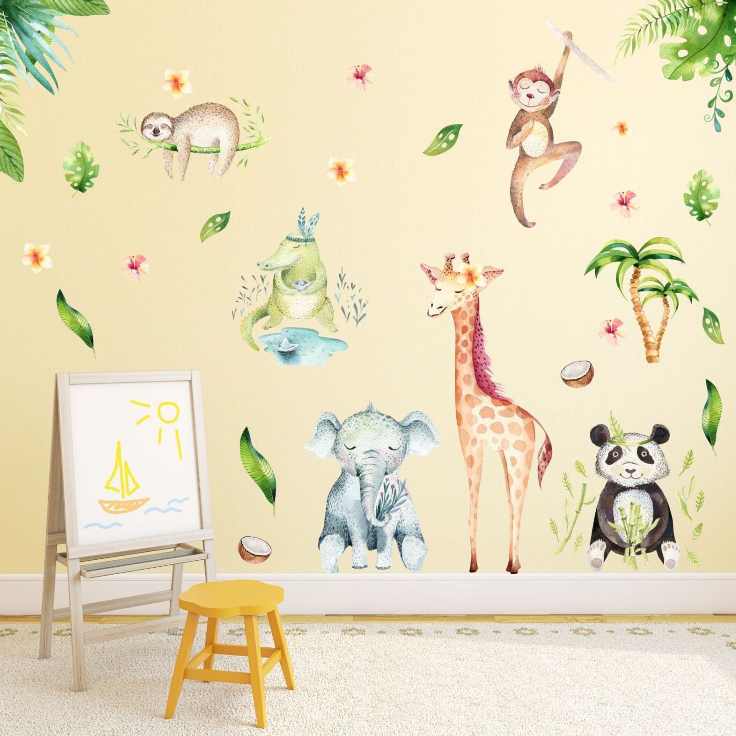 nikima Bonito para niños – 113 – Adhesivo de pared con diseño de animales de la selva, elefante, jirafa, panda, abuelo, mono, en 6 tamaños, para habitación de los niños, acuarela, acuarela, verde,