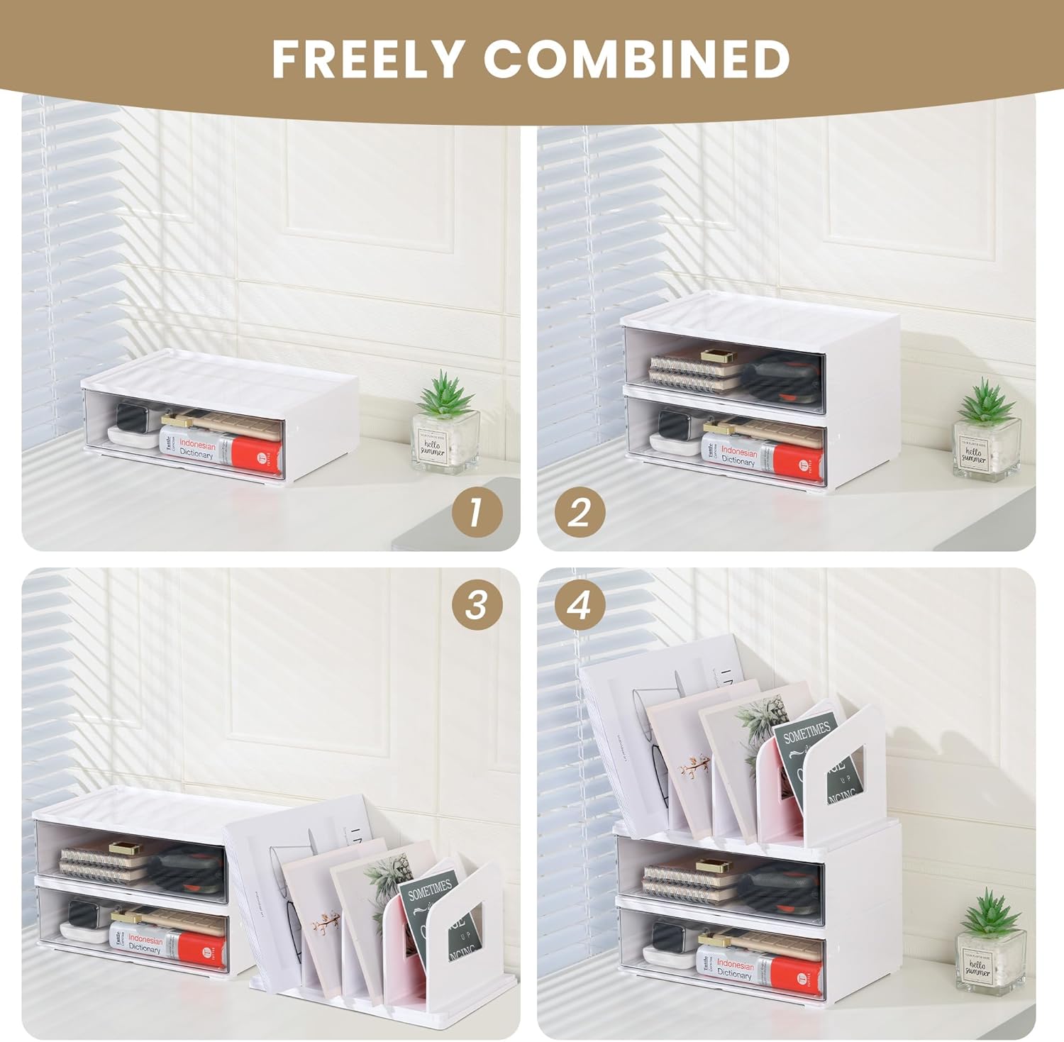 LALOBLUE White Acrylic Desk Organizer with Drawer & File Holder, Stackable Modular Storage System, Multi-Layer Desktop Organizer, Space Saving Desk Organizer for Home Office & Study