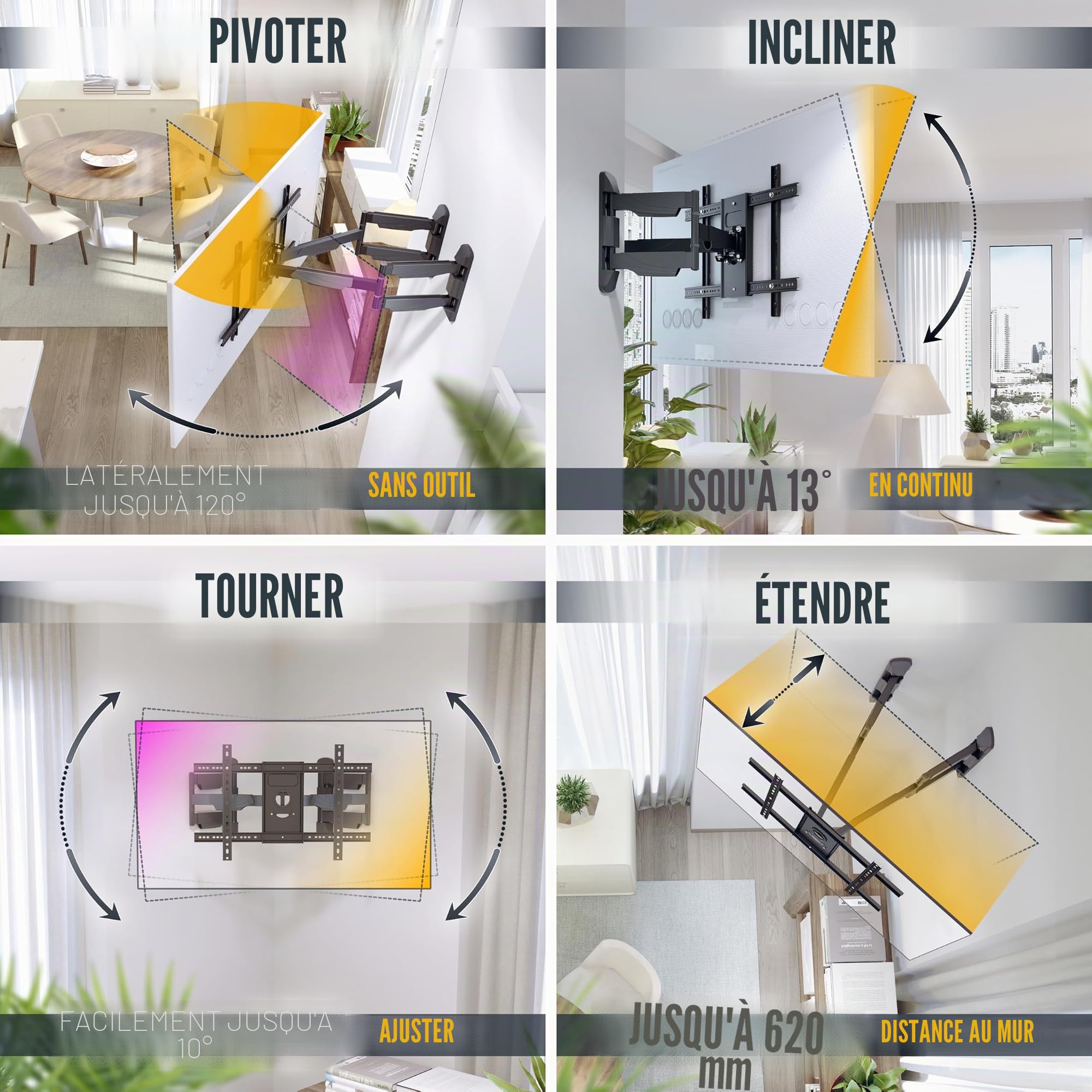 RICOO S5364 Support Mural TV 40 42 43 48 50 55 58 60 65 70 75 Pouces Orientable Inclinable Rotatif Universel Fixation Murale TV Écran incurvé VESA 200x200 à VESA 600x400