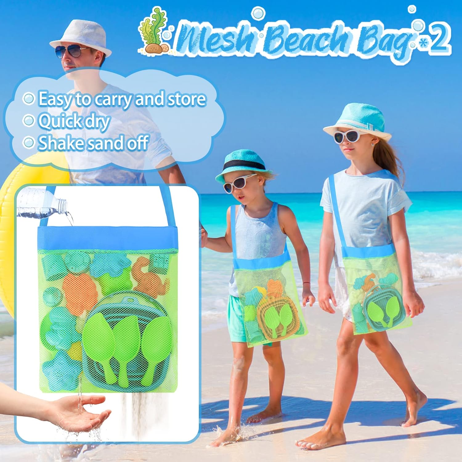 4 Packs Foldable Beach Buckets Set, Collapsible Bucket with Sand Shovels and Mesh Bag for Kids Toddlers Beach Toys, Silicone Sand Pails, Easter Egg Hunt, Camping, Travelling and Fishing Water Pail