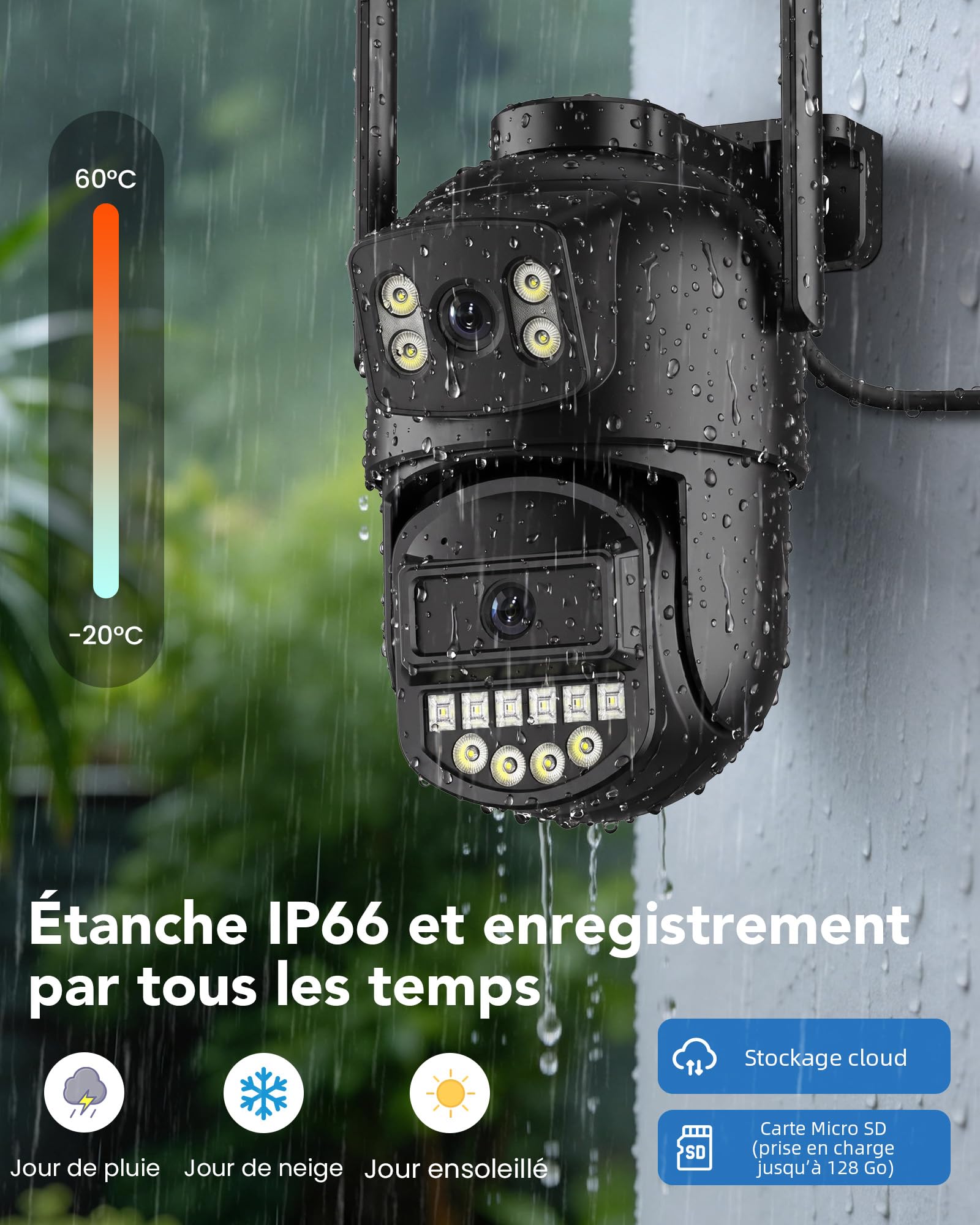 ANBIUX Camera Exterieur,avec 2K Double Objectif et 2.4/5G WiFi,PTZ,Filaire,Ethernet,Vision Nocturne Couleur,Audio Bidirectionnel,Détection Humaine,Alarme,Câble pour Jardin/Garage/Porte d’entrée
