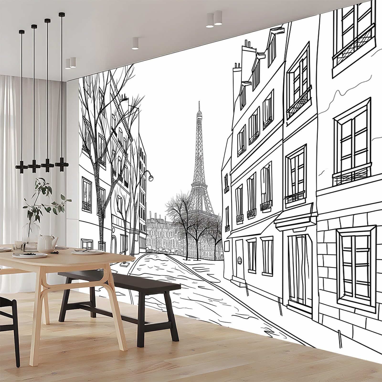 Tapete 3D Fototapete Handgezeichnete Pariser Straßen 350x256 cm Vliestapete Wandtapete Wandbilder 3D Druck Foto Tapeten für Wohnzimmer Schlafzimmer Vlies Tapete Motivtapeten