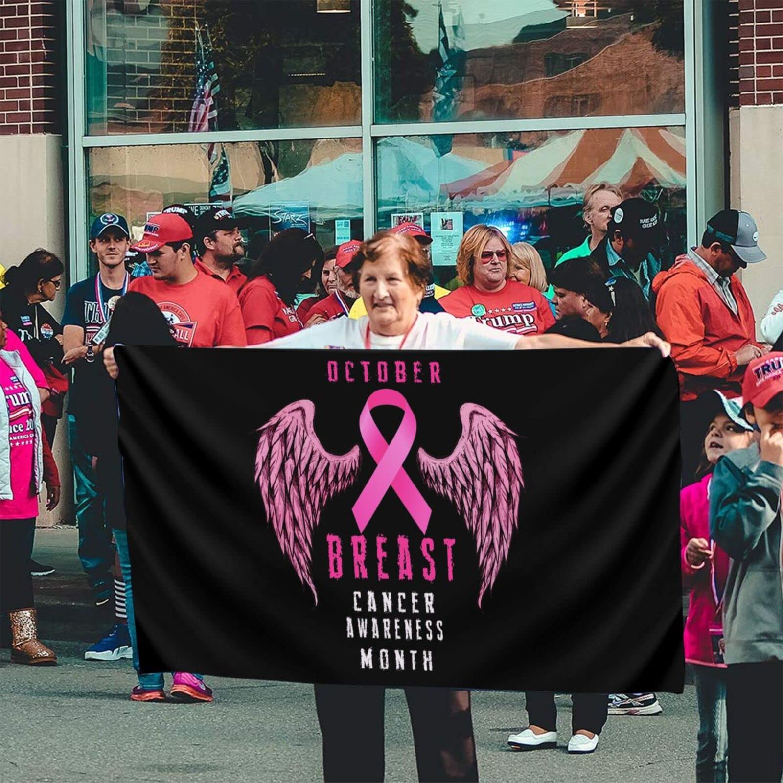 Brustkrebs-Bewusstseins-Flagge (90x150 Cm) Mit Pink Ribbon – Aus Polyester, Mit Ösen, Für Garten, Hof, Balkon Oder Als Dekoration Im Haus