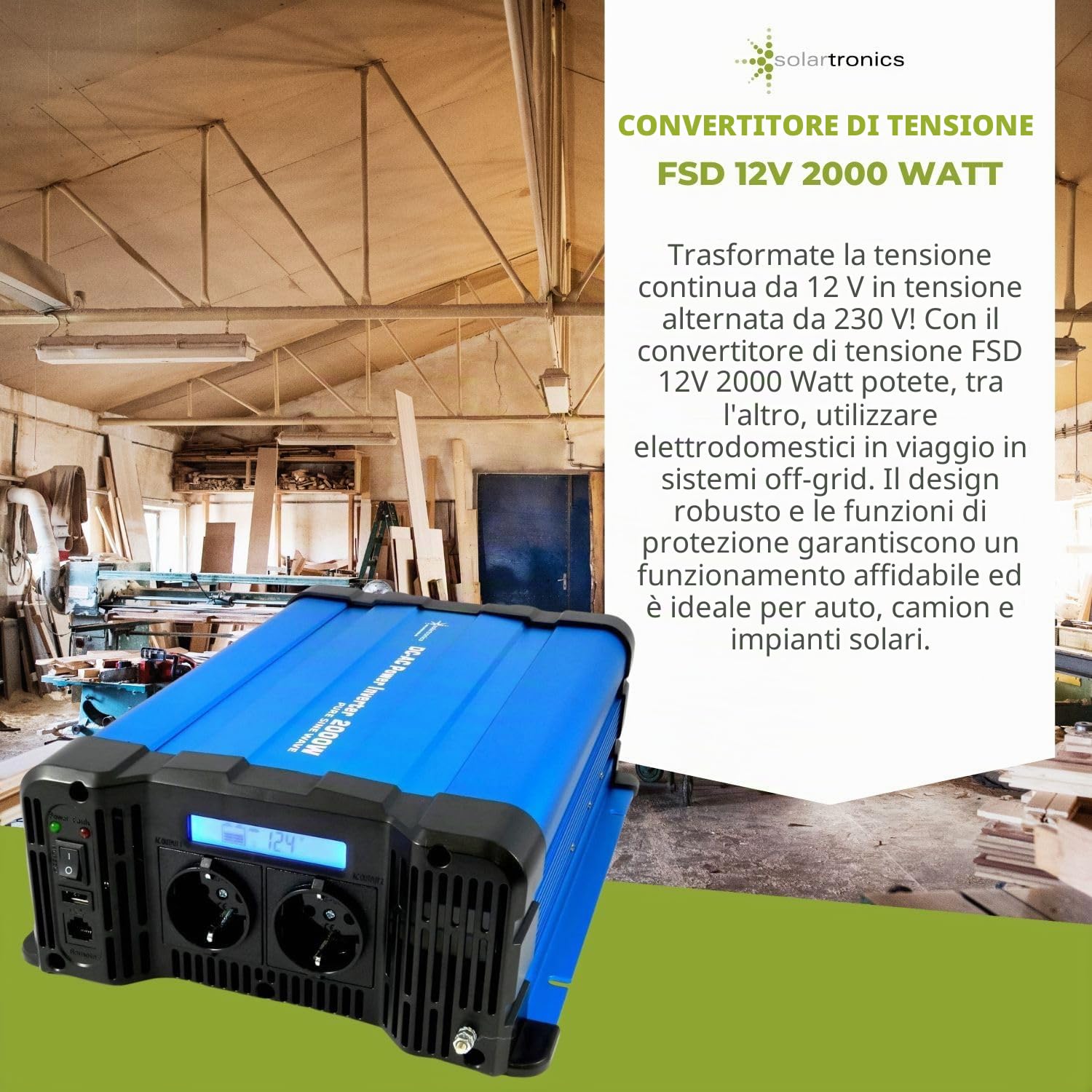 Solartronics Convertitore di Tensione FS2000D 12V 2000/4000 Watt Onda Sinusoidale Pura Blu M.Schermo FS Serie Inverter