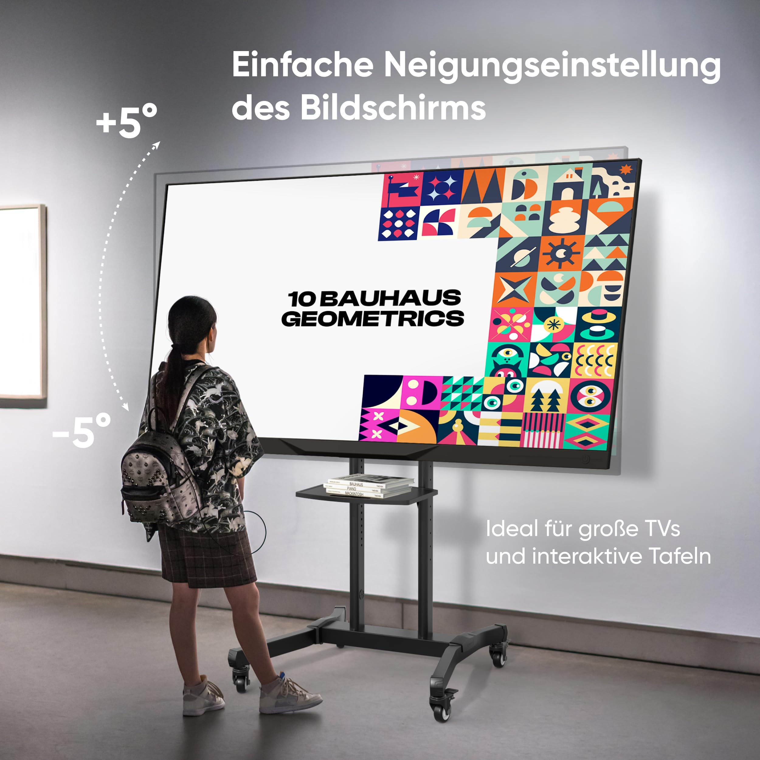 ONKRON TV Ständer rollbar für 50-90 Zoll Fernseher, max Last 100 kg, TV Standfuss höhenverstellbar neigbar, Fernseh Rollwagen max VESA 800x600, Fernsehständer mit Rollen, Ablage Schwarz TS1891-B