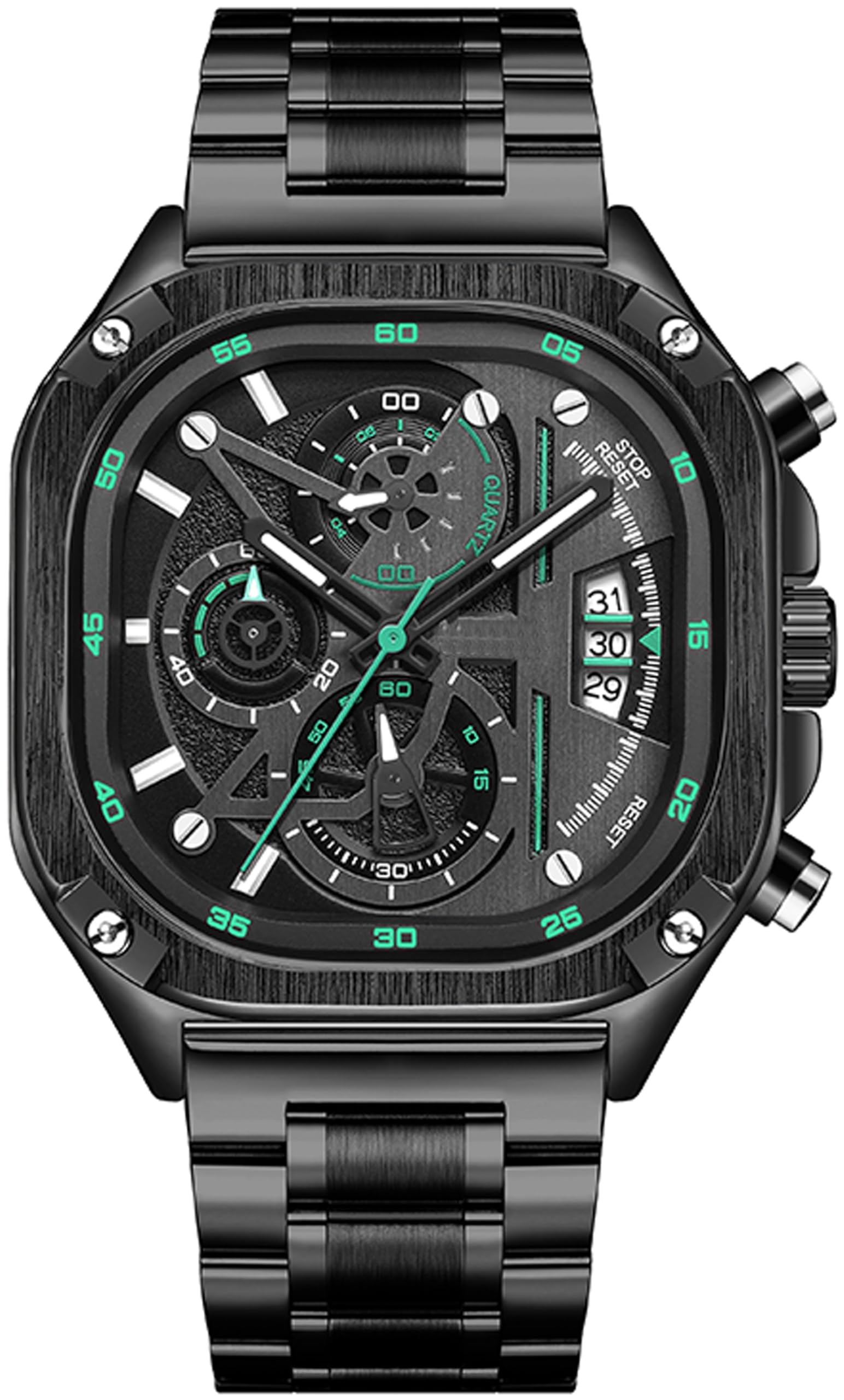 Herrenuhr Quadratische Zifferblatt Cool Design mit Chronograph Leuchtender Zeiger Datum Businessuhr Edelstahlarmband