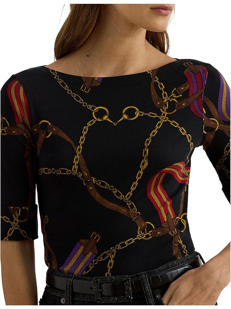 Black Lauren Ralph Lauren Petite Print Stretch Cotton Boatneck Tee