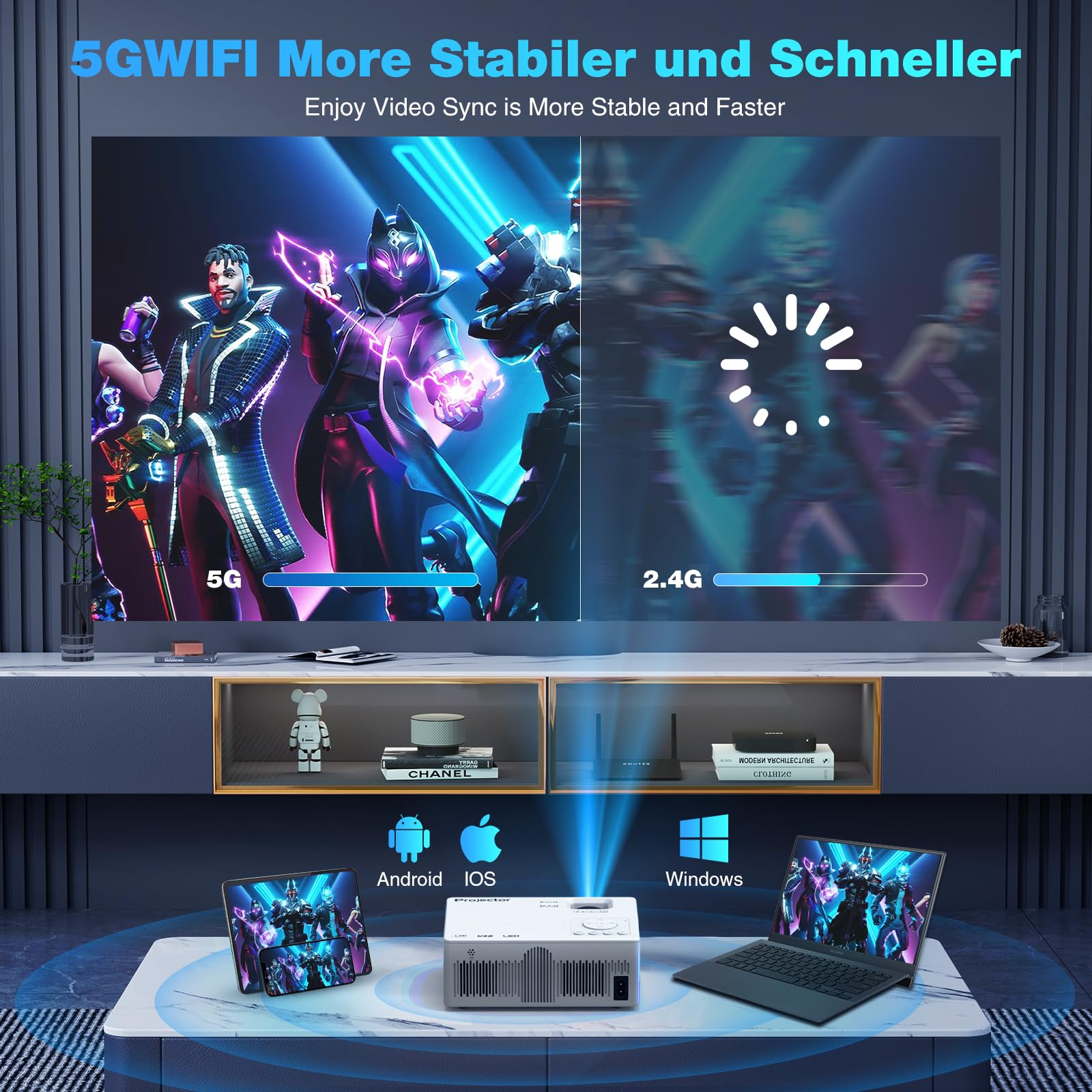 Vidéoprojecteur 4K Supporté, Natif 1080P 18000L 5G WiFi Bluetooth Projecteur avec 50% Zoom, Mini Projecteur Portable LED Rétroprojecteur Home Cinéma 300'' pour Smartphone/TV Stick/HDMI/USB