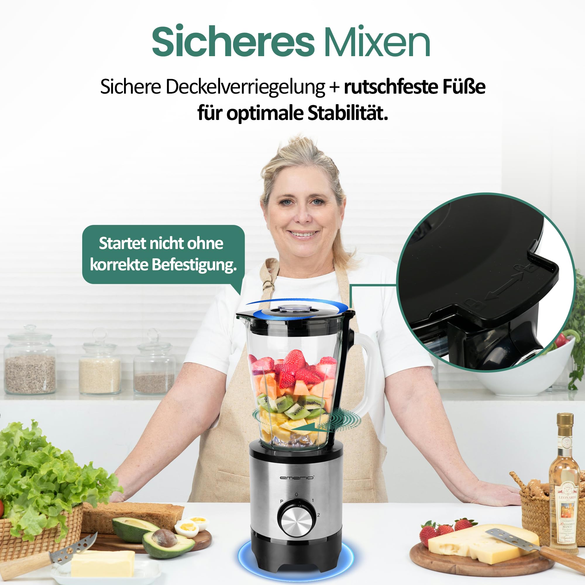 EMERIO BL-130988 - Frullatore con contenitore in vetro da 1,5 l, senza BPA, funzione Crush Ice | 2 velocità + funzione Pulse | 4 coltelli in acciaio inox | 2 interruttori di sicurezza in brocca e